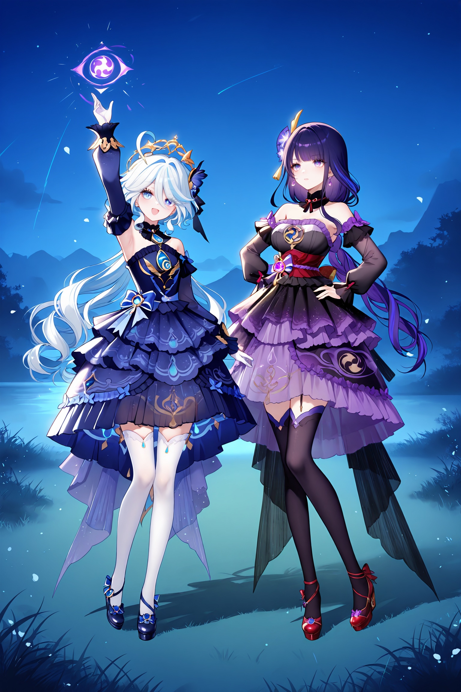 masterpiece,best quality,newest,absurdres,highres,soft shadows,year2024,mutou kurihito,[kimishima ao],[[[bison cangshu]]],[[[[[sheya]]]]],2girls,raiden shogun, furina \(genshin impact\), white dress<lora:wishfulaurosaXLNAI:1.4>,wishful aurosa,dress,black dress,see-through sleeves,detached sleeves,strapless dress,dress flower,white thighhighs,print thighhighs,earrings,frilled dress,see-through dress,platform footwear,outdoors:1.2,grasslands,hand on own hip,arm up,night,dress tug,