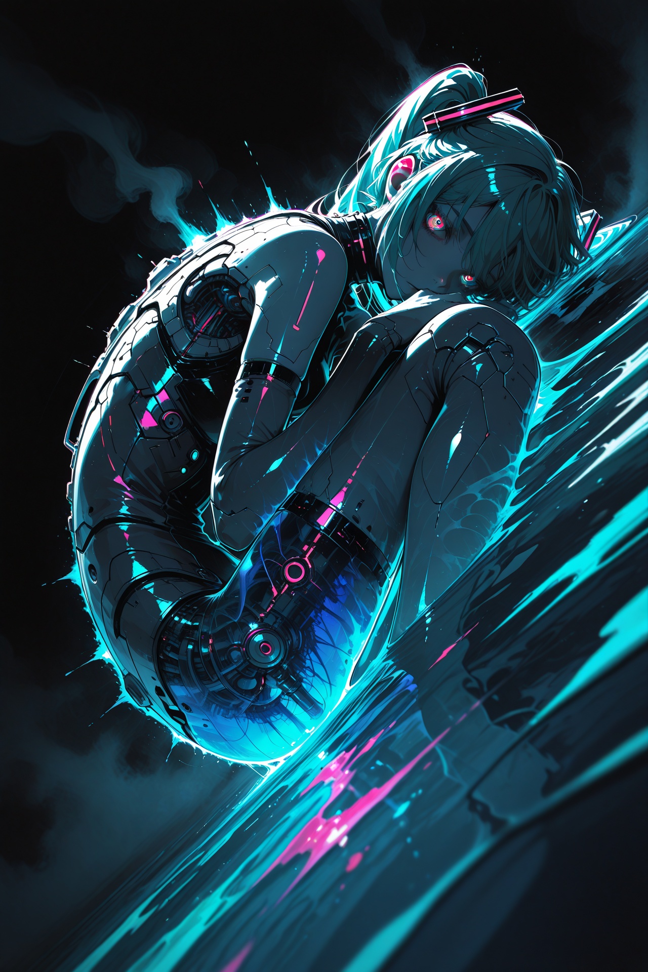 masterpiece,Hatsune Miku,limited palette,black background,colorful,vibrant,glowing outline,blacklight,looking at viewer,fog,from_side,Holding the lake water,the fluorescent lake water,mercury,dark,vibrant,looking at viewer,fog,from_above,transparent body,mechanical structures inside the body,complex mechanical structures,cyberpunk,floating on the water,curled up,
