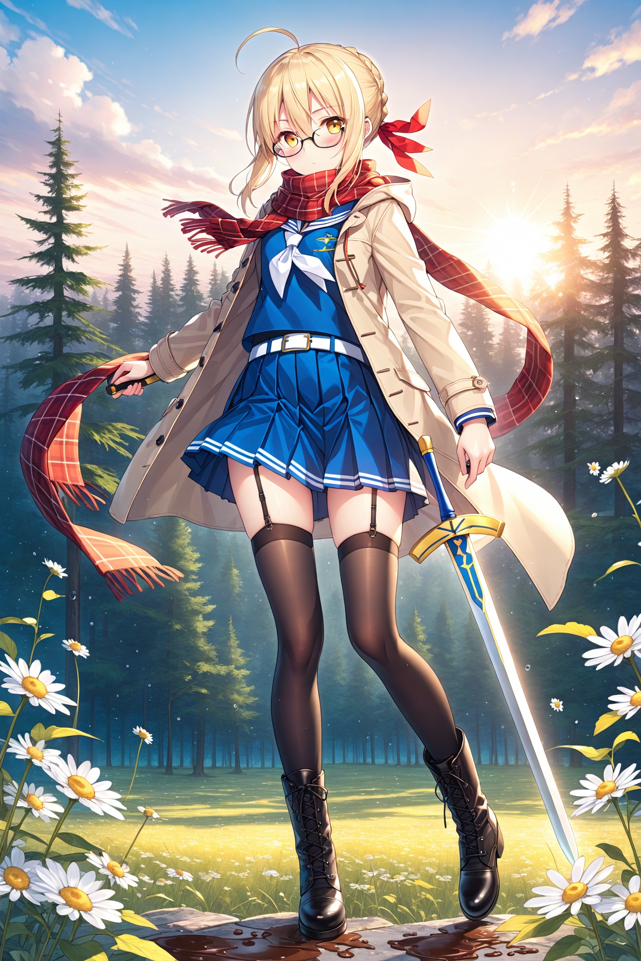 (masterpiece),(best quality),illustration,ultra detailed,hdr,Depth of field,(colorful),yellow theme,the setting sun,Chamomile,Chamomile,cornflower,vines,forest,ruins,lens flare,hdr,Tyndall effect,damp,wet,1girl,mysterious heroine x alter (first ascension) (fate),mysterious heroine x alter (fate),solo,artoria pendragon (fate),thighhighs,scarf,ahoge,sword,boots,glasses,red scarf,blonde hair,plaid scarf,weapon,looking at viewer,semi-rimless eyewear,skirt,knee boots,plaid,black-framed eyewear,under-rim eyewear,black thighhighs,valentine,holding,black footwear,gift,garter straps,full body,blue skirt,braid,yellow eyes,excalibur (fate/stay night),belt boots,heart-shaped box,school uniform,hair between eyes,jacket,open clothes,pleated skirt,fringe trim,coat,bangs,duffel coat,long sleeves,box,sidelocks,holding sword,hood,serafuku,chocolate,blush,