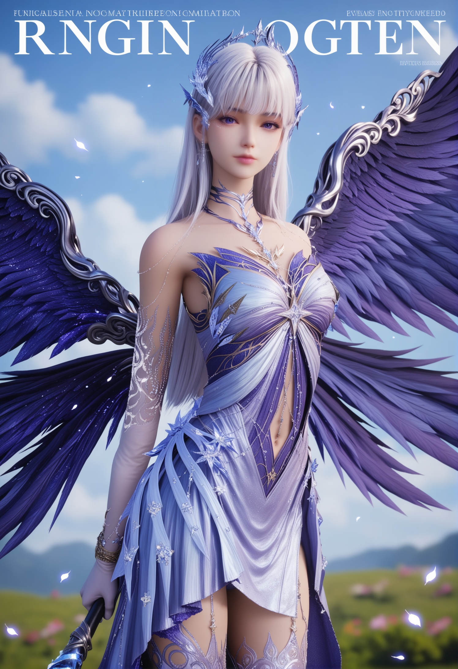 score_9,score_8_up,score_7_up,1girl,solo,(looking at viewer:1.1),(magazine cover theme:1.05),(arms_behind_back:1.3),1girl,solo,realistic,dress,shiny clothes,purple dress,white dress,blue dress,strapless dress,detached sleeves,clothing cutout,navel,thighhighs,asymmetrical legwear,uneven legwear,(large wings:1.2),wings,sparkle,angel wings,feathers,feathered wings,black wings,angel,blue wings,purple wings,purple gemstone,light particles,white gloves,elbow gloves,beads,realistic,jewelry,tiara,hair ornament,hair flower,blue flower,blue gemstone,crystal,earrings,choker,necklace,bracelet,gem,gloves,1girl,solo,realistic,(mature face:1.2),big_eyes,slender face,shiny_skin,long hair,white hair,blunt bangs,purple eyes,blue eyes,eyelashes,eyeshadow,facial mark,bare shoulders,closed mouth,realistic,(advertising cover:0.8),grey_background,gradient_background,(white_background:0.9),falling petals,(depth of field:1.2),depth_of_field,<lora:小巳-圣采儿-成神pony:0.8>,