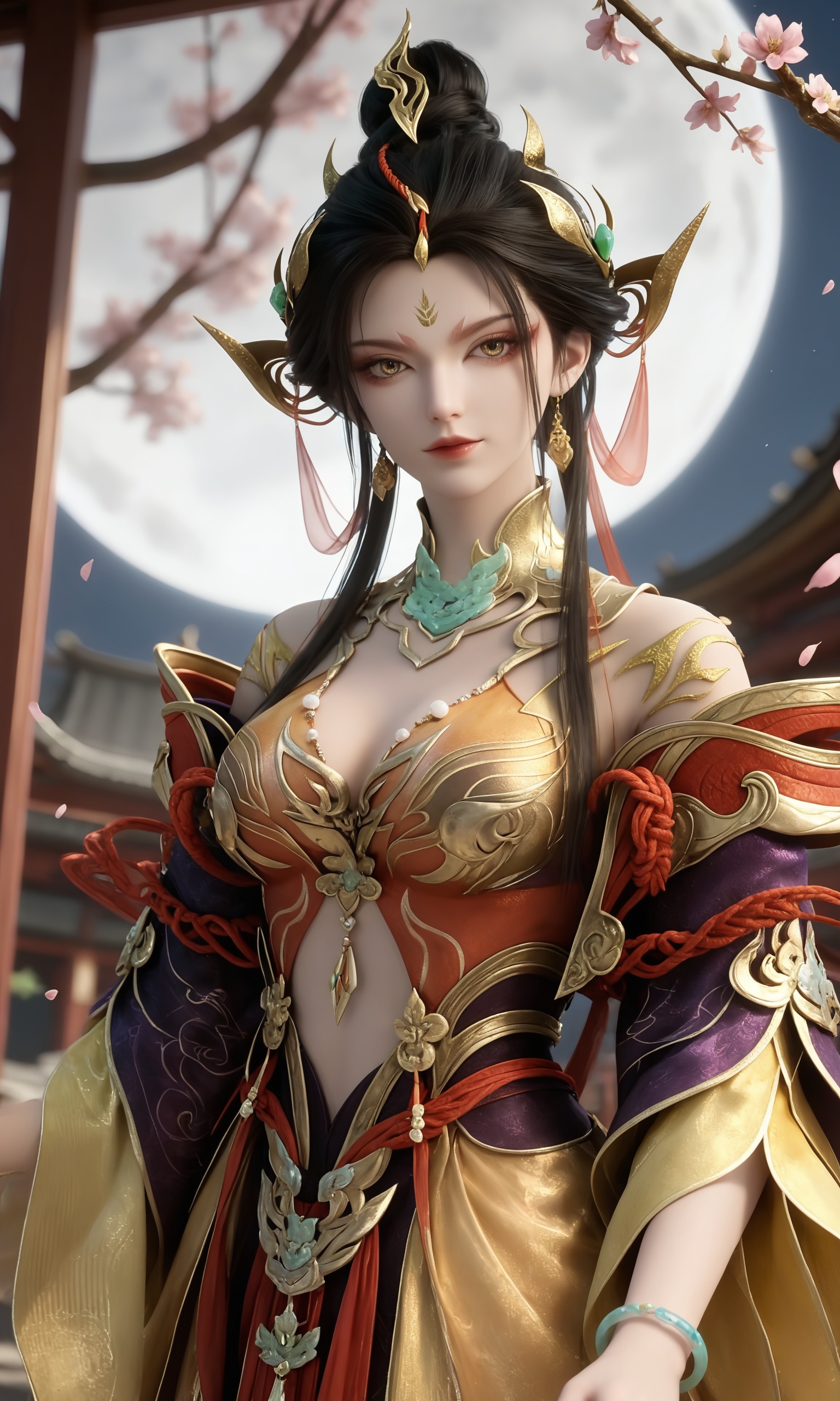 <lora:永劫无间-南宫锦-华锦Pony:0.8>,1girl,black hair,long hair,hair bun,hair bun,golden ornaments,braids,high collar,breasts,jewelry,dress,golden footwear,bare legs,clothing cutout,earrings,bracelet,chinese clothes,, masterpiece,best quality,solo,1girl,upper body,petals,looking at viewer,moon,branch,cherry blossoms,flower,extreme aesthetic,(quasarcake:0.7),masterpiece,best quality,good quality,newest,very aesthetic,absurdres,A shot with tension,(Visual impact,giving the poster a dynamic and visually striking appearance:1.2),impactful picture,offcial art,colorful,splash of color,movie perspective,