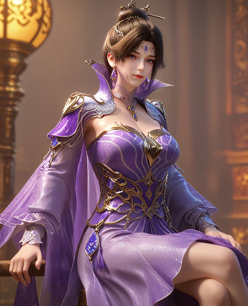 (Sitting on a stool, legs crossed, with an artist's palette and brush, immersed in creativity,:1.1),looking at viewer,(large breasts:1.2),<lora:XL16云深不知梦白璃:0.95>,miss baili,purple tiered gown,blue eyes,facial mark,forehead jewel,black hair,hair ornament,single hair bun,earrings,jewelry,high collar,necklace,, score_9,score_8_up,score_7_up,score_6_up,score_5_up,score_4_up,3d rendering,tag1,tag2, Cinematic Lighting,backlighting,