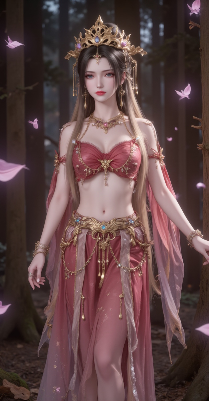 <lora:李慕婉·衣服百搭款6:1.1>,limuwan,black hair,long hair,grey eyes,jewelry,earrings,crown,phoenix_crown,1girl,jewelry,solo,blonde hair,bracelet,navel,earrings,skirt,long hair,midriff,necklace,forest,see-through,breasts,tree,nature,closed eyes,hair ornamentcover,gradient background,close-up details,outstanding style,adding a touch of dimension to your images without compromising details,close-up,<lora:DJ滤镜_2.5D版:0.3>,lvjing,<lora:油画唯美滤镜15:0.2>,baoshi,<lora:蝴蝶汉服·人物百搭款6:1.1>,fuzhuang,