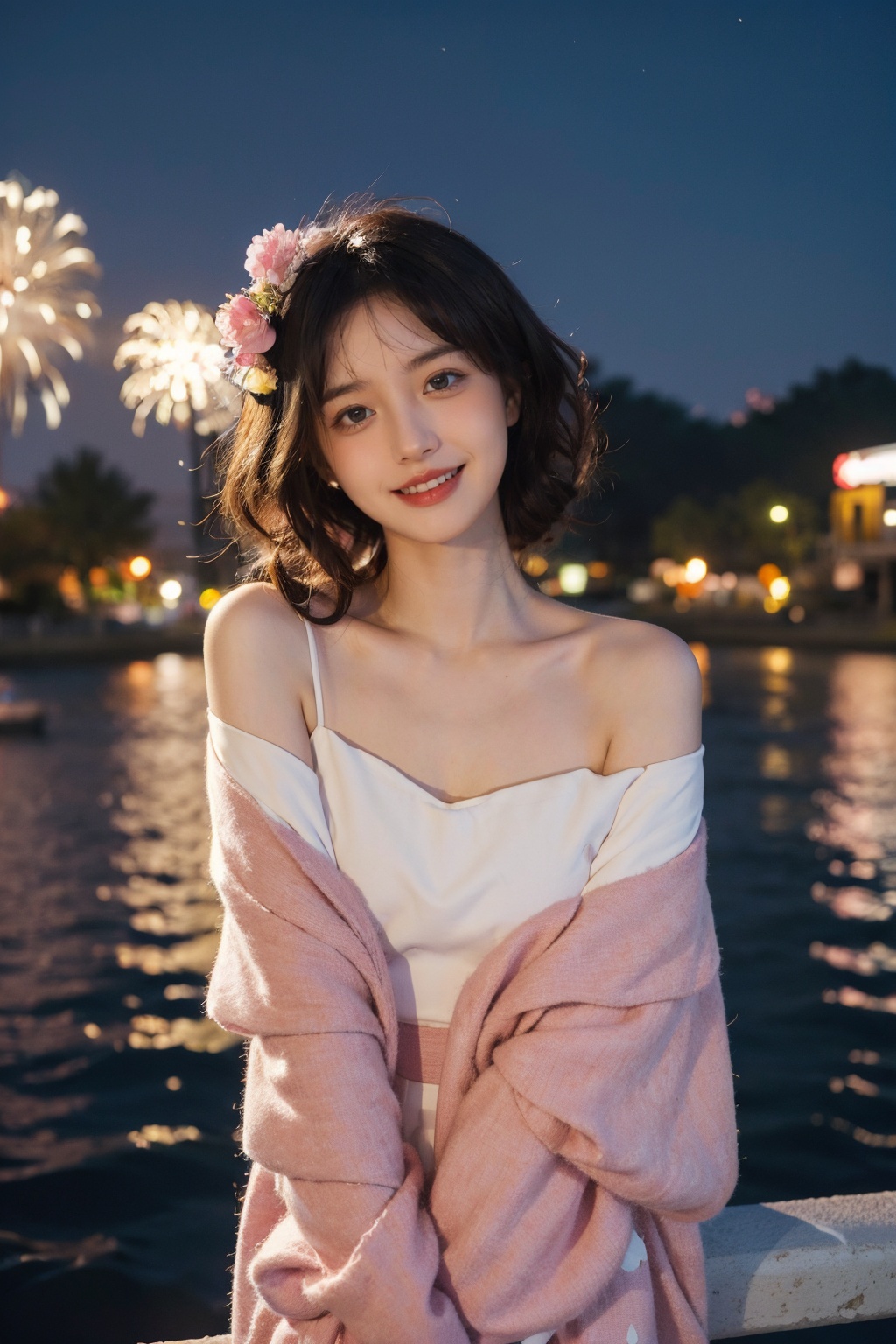 <lora:MengX girl_Mix_V40:1>, Best quality, masterpiece, ultra high res, photorealistic, raw photo, unity 8k wallpaper,firework background, riverside, wind,night,city lights,cowboy shot,film grain, Fuji XT3, 1girl,pink print kimono, (laughing,happy,blush,shy:1.1),melowh, encanto, off shoulder, against railing, head tilt, curly hair, floating hair, flower headwear, 