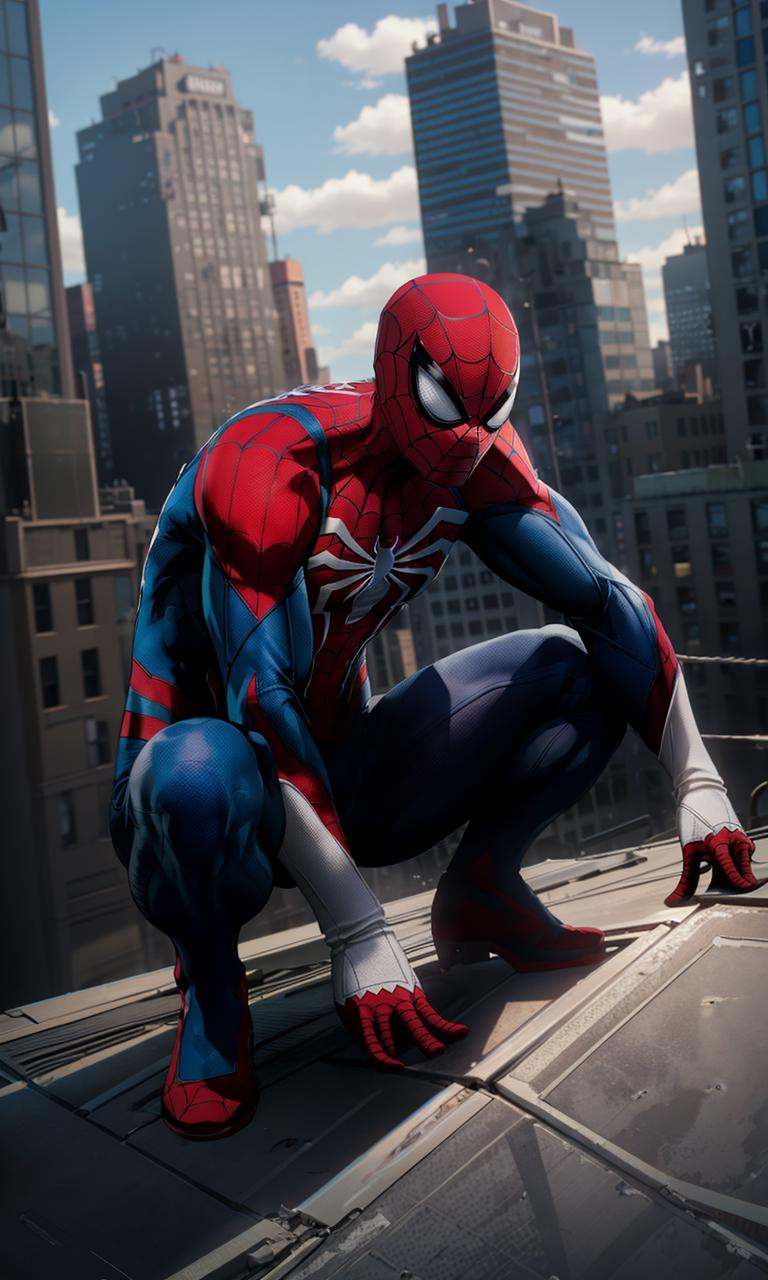 spideyadv2,  1 man crouching on rooftop,  5 fingers on Tensor.Art