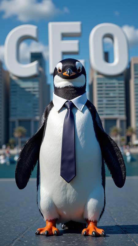 A funny meme image of a penguin wearing a business suit,  with an office building behind it spelling out “CEO.” with Text:...