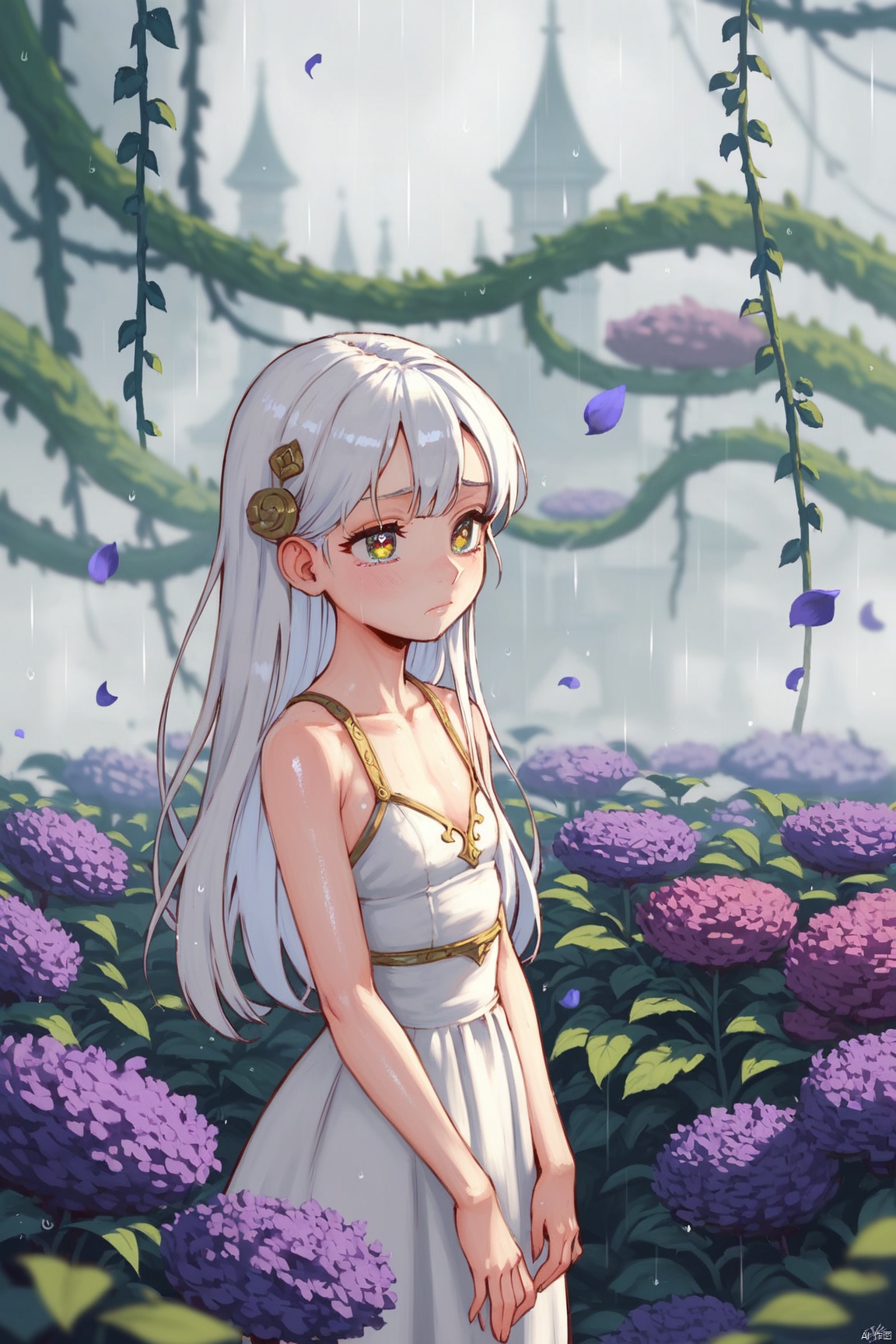 score_9,score_8_up,score_7_up,score_6_up,(masterpiece),(best quality),illustration,ultra detailed,hdr,Depth of field,(colorful),loli,white background,Dundar effect,a lot of purple vines,vines covering half of the painting,delicate plant details,a girl,girl,petite girl,long white hair,golden pupils,white dress,bare feet,side,side,upper body,head up,sad eyes,rain,light,figure light,petals,purple filter,left,fog,dream,unreal,Blur,float light