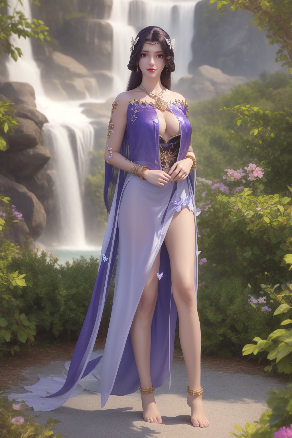 ultra realistic 8k cg,flawless,clean,masterpiece,professional artwork,famous artwork,perfect face,beautiful face,best quality,full_shot,absurdres,shenfengXiaoYunXi,1girl,solo,dress,cape,circlet,halterneck,standing,purple eyes,purple hair,shiny,torogao,smile,makeup,red lips,breasts,large breasts,jewelry,earrings,hair ornament,(outdoors:1.4),water,waterfall,butterfly,flower,braid,long hair,realistic,looking at viewer,barefoot,anklet,barefoot sandals,<lora:shenfengXiaoYunXi_20240106234614-000004:0.7>,
