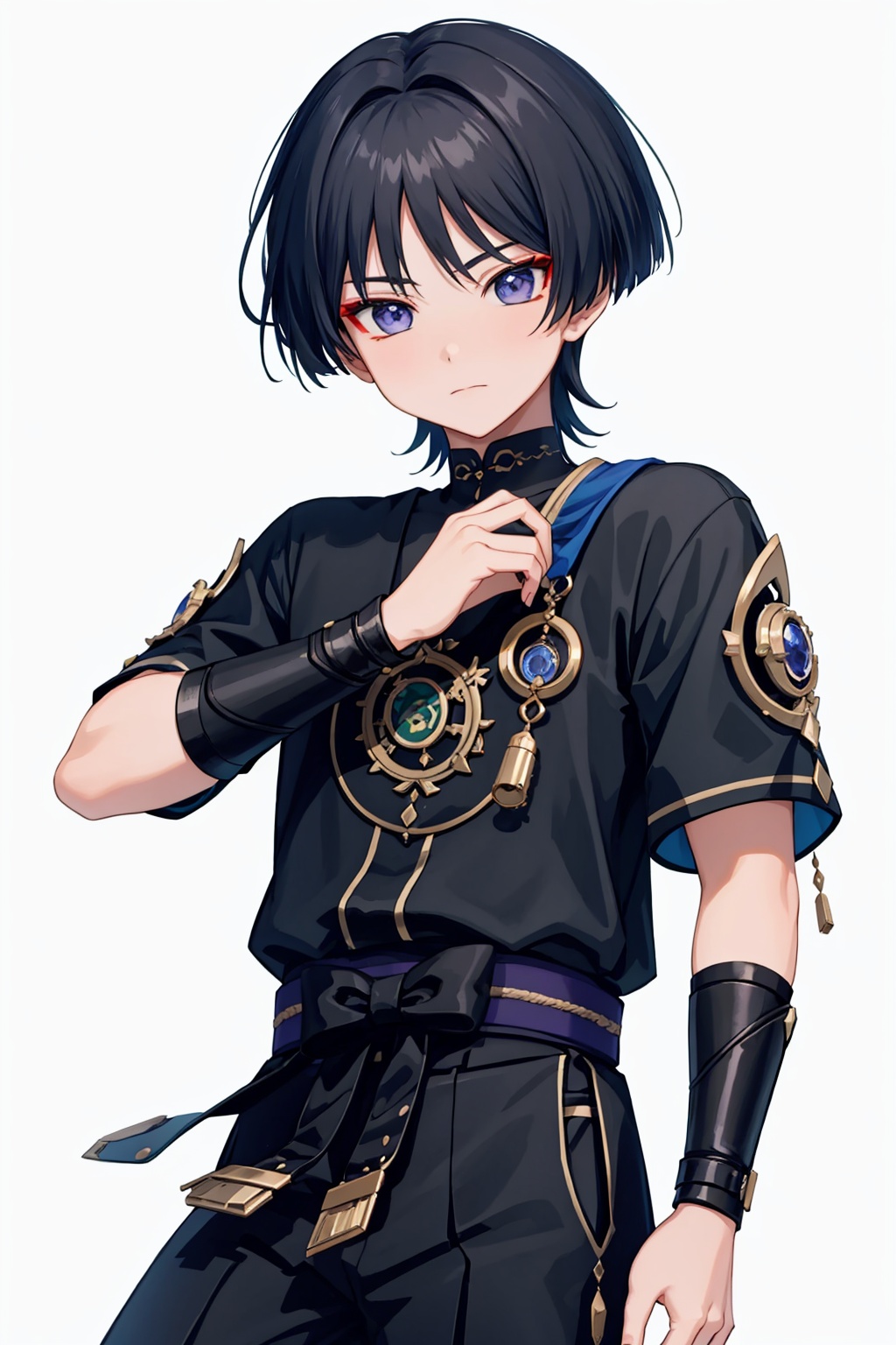masterpiece,best quality, highly detailed, scaramouche (genshin impact),1boy,male focus,solo,simple background,short sleeves,looking at viewer,closed mouth,black shirt<lora:scaramouche_(genshin_impact):1>,simple background,white background
