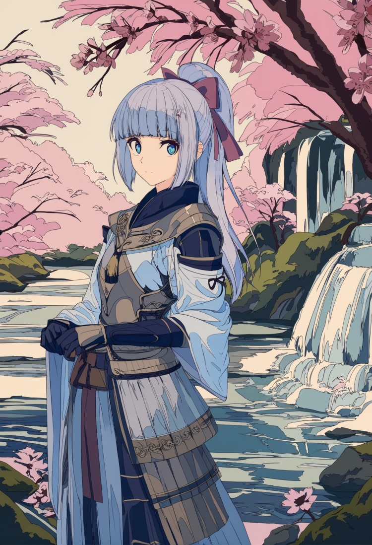 masterpiece, best quality,1girl, kamisato ayaka, solo  , armor , bangs, blue eyes, long hair , looking at viewer, ponytail, blunt bangs, cherry blossoms, hair ornament, breastplate, ribbon, japanese armor, arm guards, hair ribbon, waterfall, water, flower, japanese clothes, ice, kusazuri, katana, gloves, pink ribbon, skirt, black gloves, grey hair, closed mouth, tassel, sidelocks, tress ribbon, armored dress , <lora:焦茶XLlokr8f-000188:0.95>