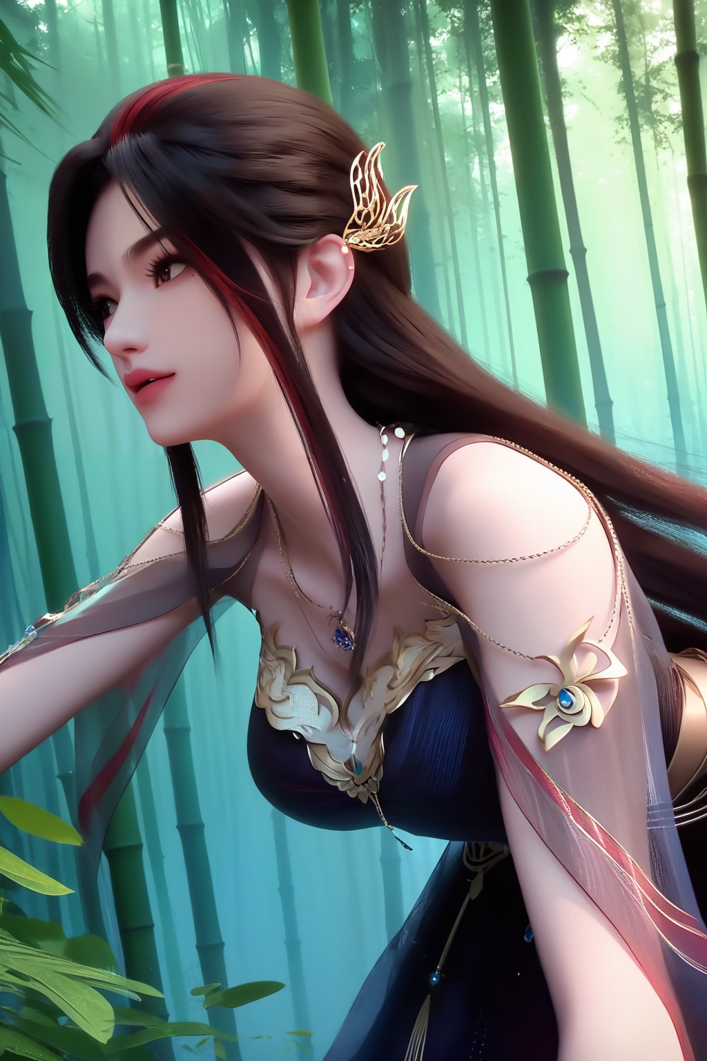 (Balancing on a tightrope between two cliffs, she displays her acrobatic prowess with a blend of strength and grace:1.2),<lora:XL16神国之上赵襄儿黑纱:0.95>,miss zhaoxianger,black corset gown,brown eyes,black hair,red streaked hair,very long hair,hair ornament,jewelry,(large breasts:1.2),bamboo forest,water,stone,pondel,, score_9,score_8_up,score_7_up,score_6_up,score_5_up,score_4_up,3d rendering,tag1,tag2, Cinematic Lighting,backlighting,