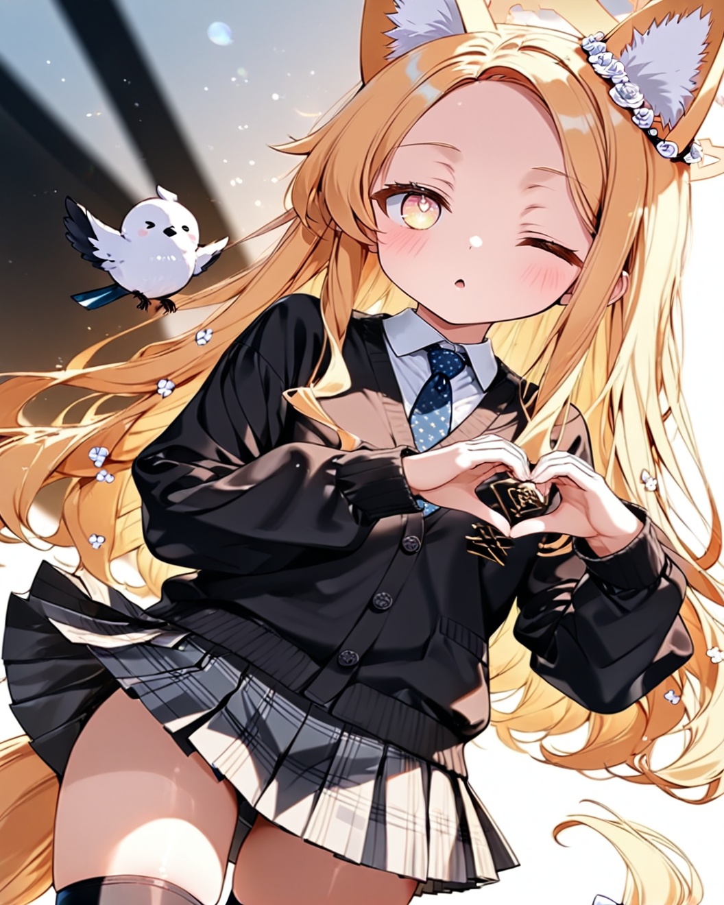 O,seia\(blue_archive\), 1girl, animal ears, blonde hair, skirt, thighhighs, bird, one eye closed, heart, necktie, halo, solo, black thighhighs, heart hands, tail, white background, animal ear fluff, simple background, flower, pleated skirt, bow, blush, shirt, grey skirt, looking at viewer, long sleeves, forehead, white shirt, hair flower, hair ornament, cardigan, pink eyes, plaid skirt, short hair, blue necktie, plaid, fox ears, yellow eyes, collared shirt, bangs, school uniform, parted bangs, parted lips, white flower, hair bow, white bow, very long hair, ,o, white rose, sleeves past wrists, zettai ryouiki, rose, fox tail, long hair, black cardigan, cowboy shot, dutch angle, multicolored eyes, animal, extra ears,(UHD),anatomically correct,accurate,textured skin,super detail,high details,award winning,best quality,high quality,retina,HD,16k,1080P,