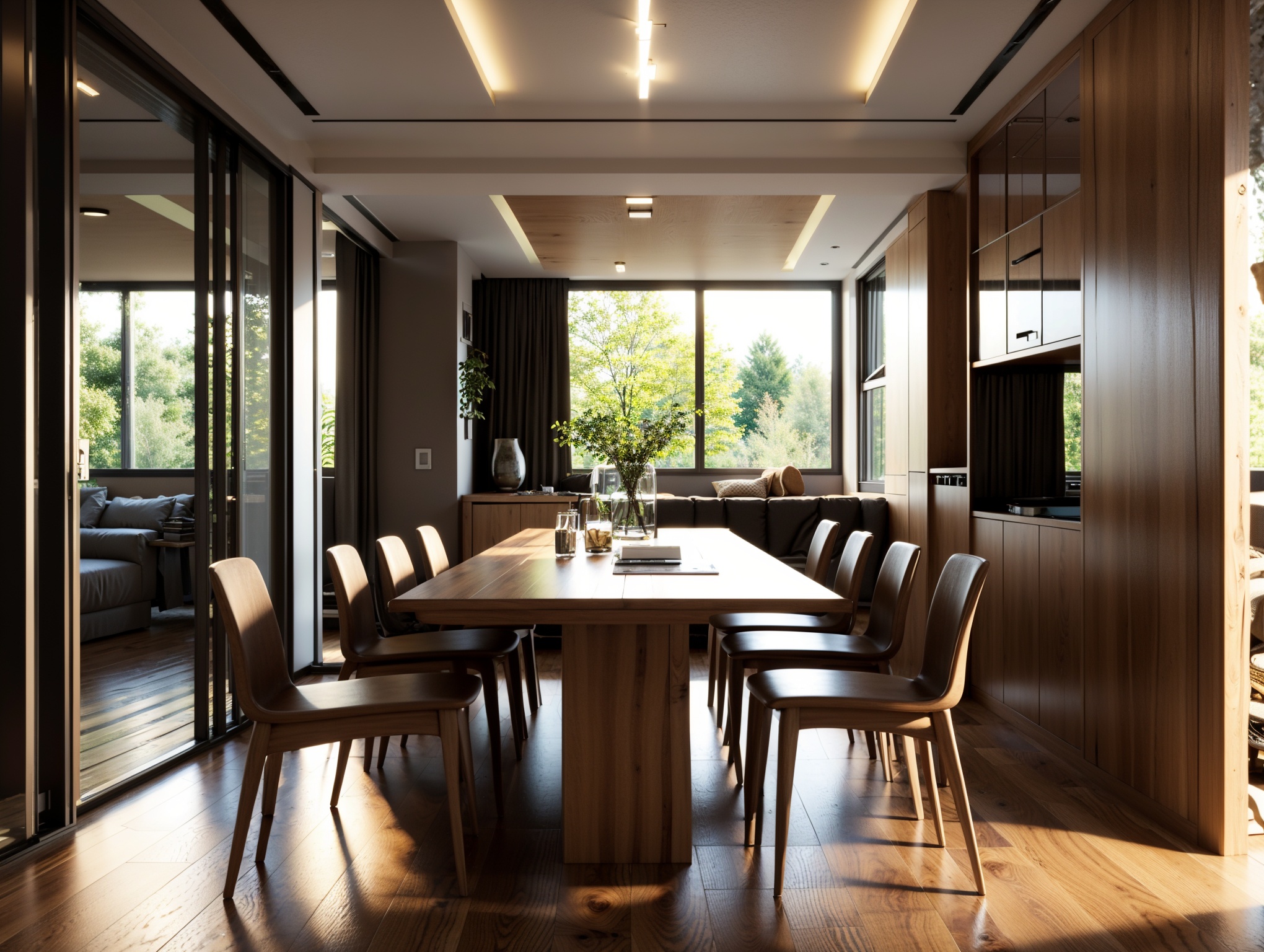 ADesign Tip: A cabin located in a dense forest with warm earth tones,  made of wood and stone,  overlooking the misty morn...