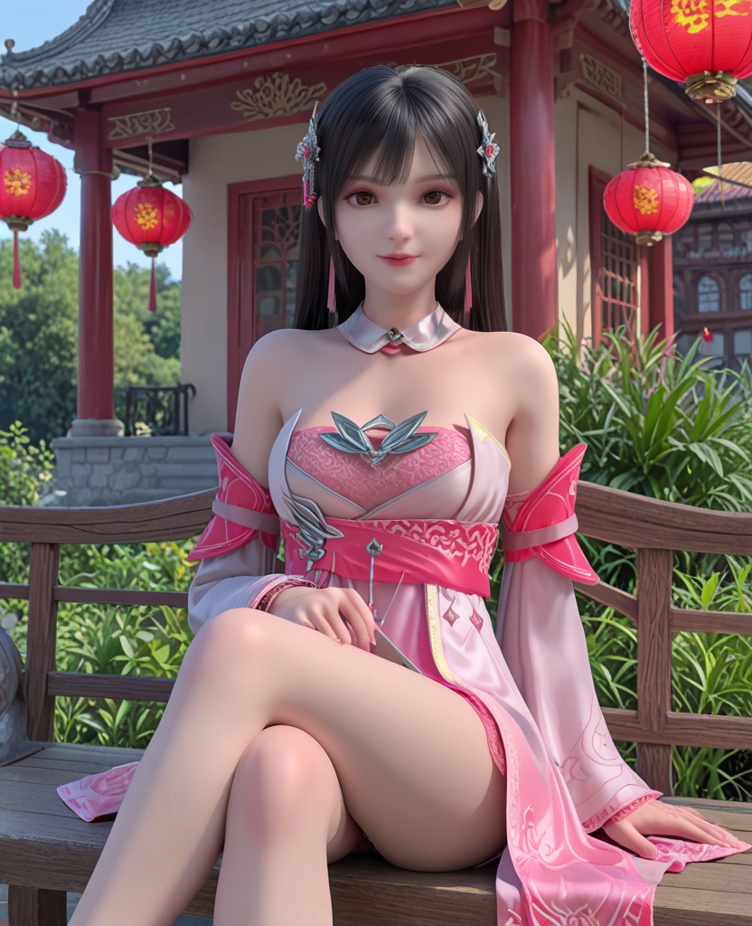 (oriental architecture, elegant decor, sophisticated style:1.1),(Sitting on a bench with legs crossed, smiling at the camera,:1.1),(breasts:1.2),<lora:XL雪鹰领主姬容:0.95>,miss jirong,white pleated dress paired with a pink dress,black hair,long hair,hair ornament,jewelry,red eyes,detached collar,bangs,lips,detached sleeves,sash,, score_9,score_8_up,score_7_up,score_6_up,score_5_up,score_4_up,3d rendering,tag1,tag2, Cinematic Lighting,backlighting,