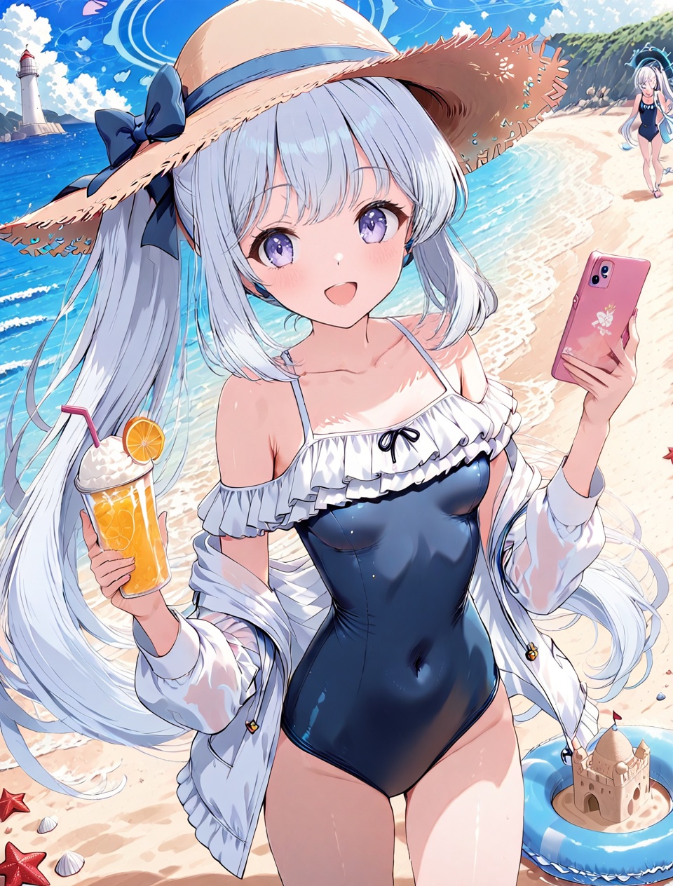 Miyako (blue archive),O,Miyako (blue archive),swimsuit, 3girls, multiple girls, outdoors, one-piece swimsuit, hat, off shoulder, long hair, open clothes, jacket, open jacket, holding, sand sculpture, smile, sand castle, white jacket, purple eyes, blue one-piece swimsuit, looking at viewer, innertube, ponytail, white hair, day, halo, bag, bare shoulders, beach, breasts, frills, open mouth, phone, thighs, :d, covered navel, cloud, school swimsuit, ocean, starfish, straw hat, collarbone, sun hat, standing, sky, bird, very long hair, long sleeves, cellphone, holding phone, water, small breasts, blue sky, bow, sand, bangs, lighthouse, ribbon,(UHD),anatomically correct,accurate,textured skin,super detail,high details,award winning,best quality,high quality,retina,HD,16k,1080P,