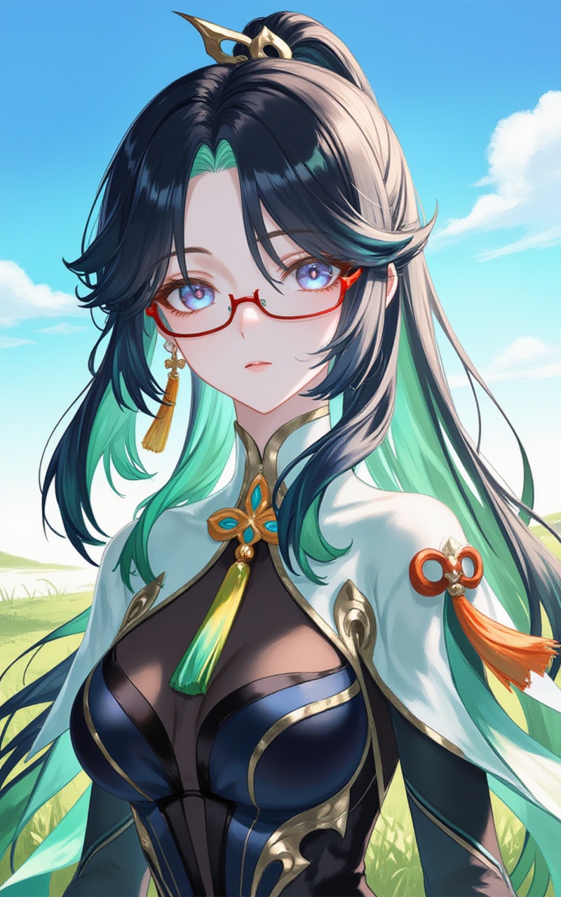 <lora:2D闲云8:1>,xianyun,1girl,xianyun \(genshin impact\),solo,breasts,colored inner hair,multicolored hair,jewelry,glasses,long hair,red-framed eyewear,black hair,earrings,tassel,dress,looking at viewer,green hair,gloves,hair ornament,tassel earrings,sky,semi-rimless eyewear,two-tone hair,capelet,very long hair,outdoors,parted lips,aqua eyes,black dress,medium breasts,long sleeves,grass,blue eyes,7,cover,simple background,gradient background,close-up details,outstanding style,adding a touch of dimension to your images without compromising details,close-up,lvjing,<lora:油画唯美滤镜15:0.3>,baoshi,