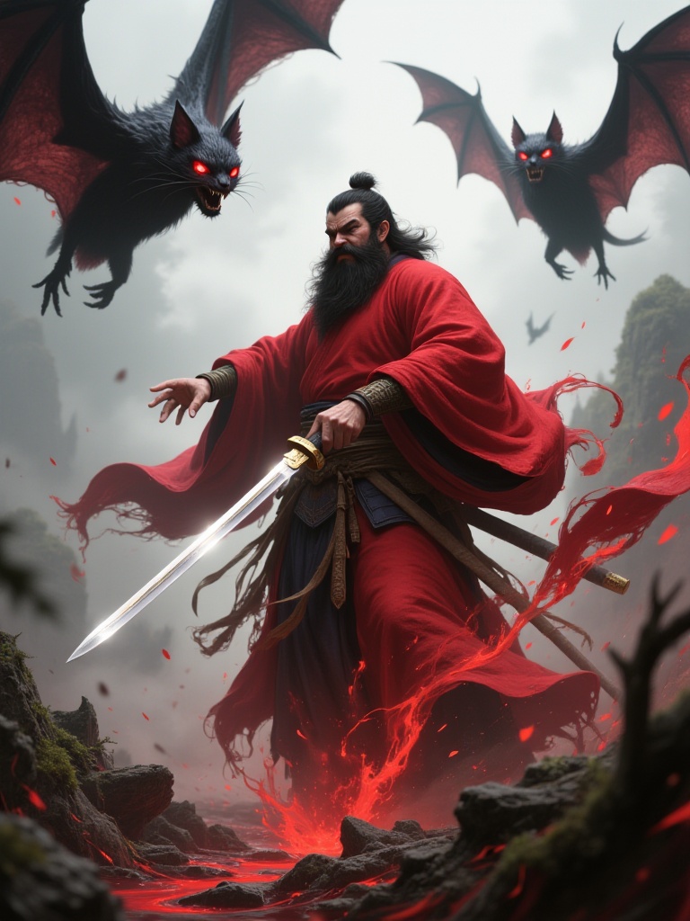 gfs, A dramatic digital illustration depicts a fierce, bearded warrior with a flowing red kimono, wielding a gleaming katana. He stands amidst a misty, ancient Japanese setting with two menacing black bats with red eyes flying above. The scene is dynamic and intense, showcasing traditional Japanese aesthetics with modern digital art techniques.<lora:S-T-国风玄幻-S1.4:1>