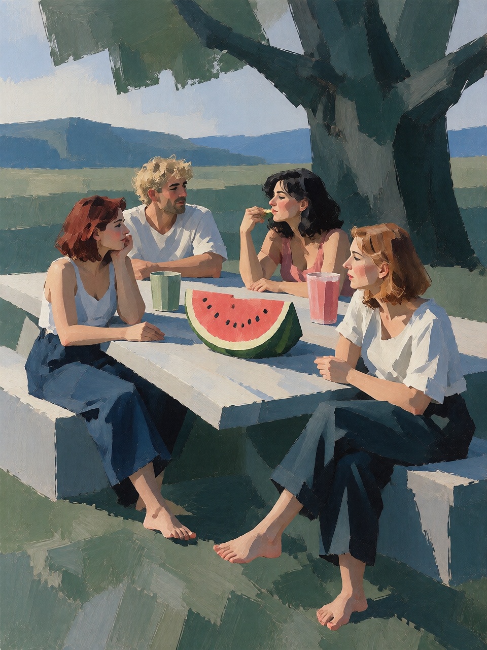 Four friends seated around a picnic table beneath a large tree,  sharing watermelon,  lemonade and sandwiches. Casual summ...