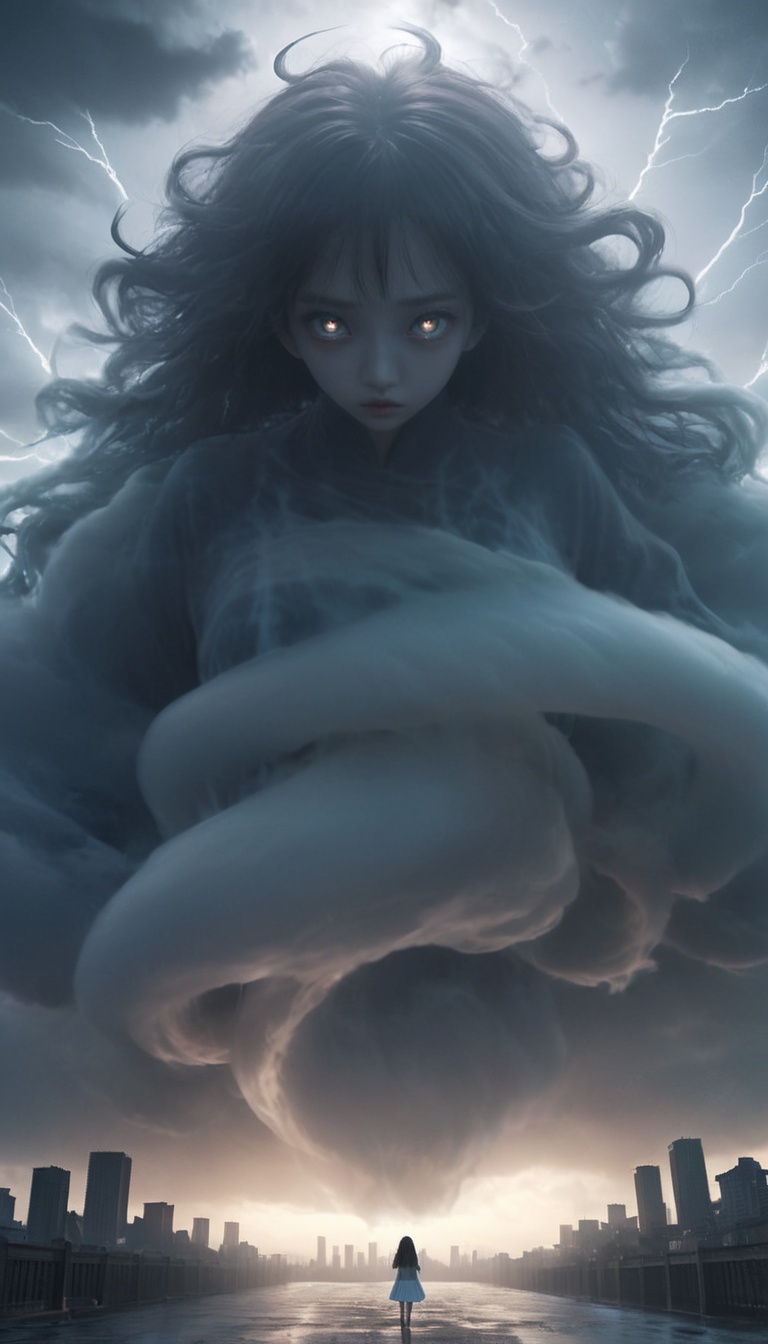 <lora:xl-shanbailing-1215白棱monster-000002:0.9>,bailing_monster,outdoors,(1girl:0.5),darkness,city,mitsu_masaya,huge,a huge monster passes through the clouds,(cloudy:1.2),hologram,huge waves,