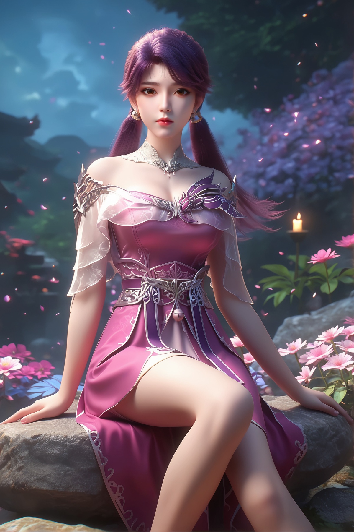 score_9,score_8_up,score_7_up,ethereal,dreamlike,<lora:wy_luoyan_XLdz:0.8>,1girl,long hair,breast,medium breast,earrings,hair_ornament,dress,thick_thighs,outdoors,sitting,twintails,pink dress,purple hair,brown eyes,flower,many flowers,very flowers,sitting_on_rock,slab,