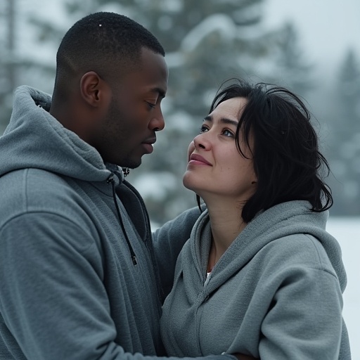 The woman looks up expressionless as the lower half of a black man dressed in grey tech pants and white Nike running shoes...