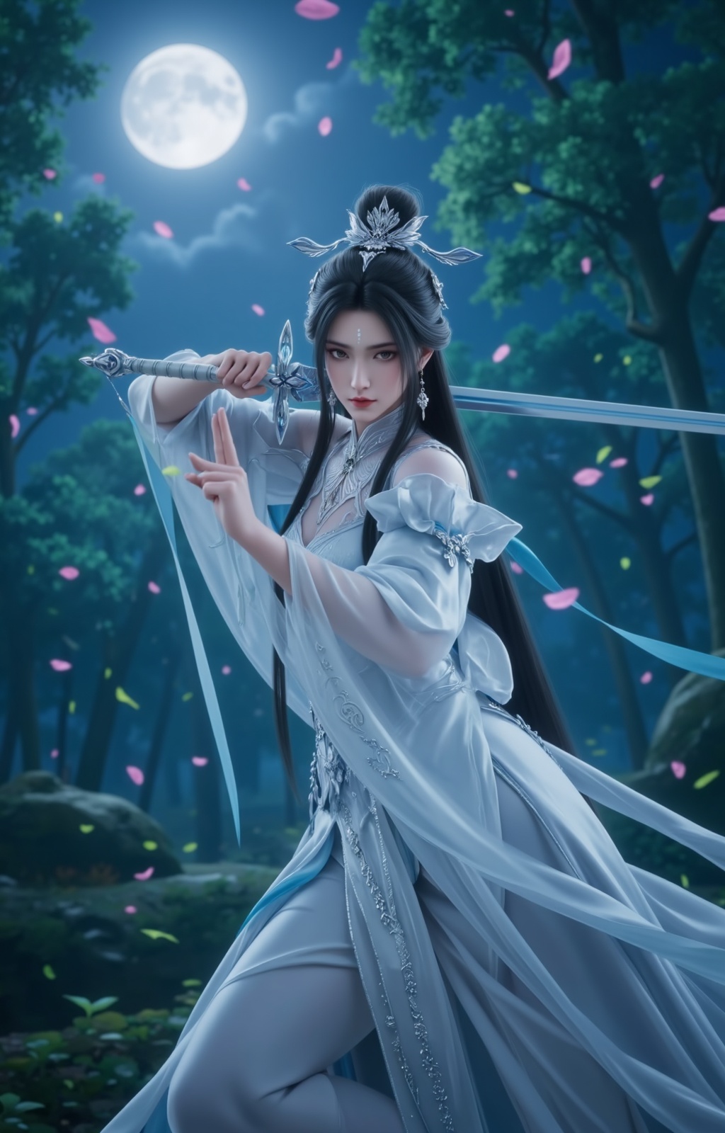 <lora:陆师姐10:0.8>,luxueqi,a stunning beauty,wearing white dress,china_dress,hanfu,exquisite headdress,white skin,eyebrow mark,black hair,long hair,hair_bun,grey eyes,holding a sword,make the move of swinging a sword,in the background is a dense forest,the bright moon hangs high in the air,plenty of leaves and petals flying in the wind,<lora:时尚滤镜10:0.2>,Close-up details,outstanding style,adding a touch of dimension to your images without compromising details,close-up,