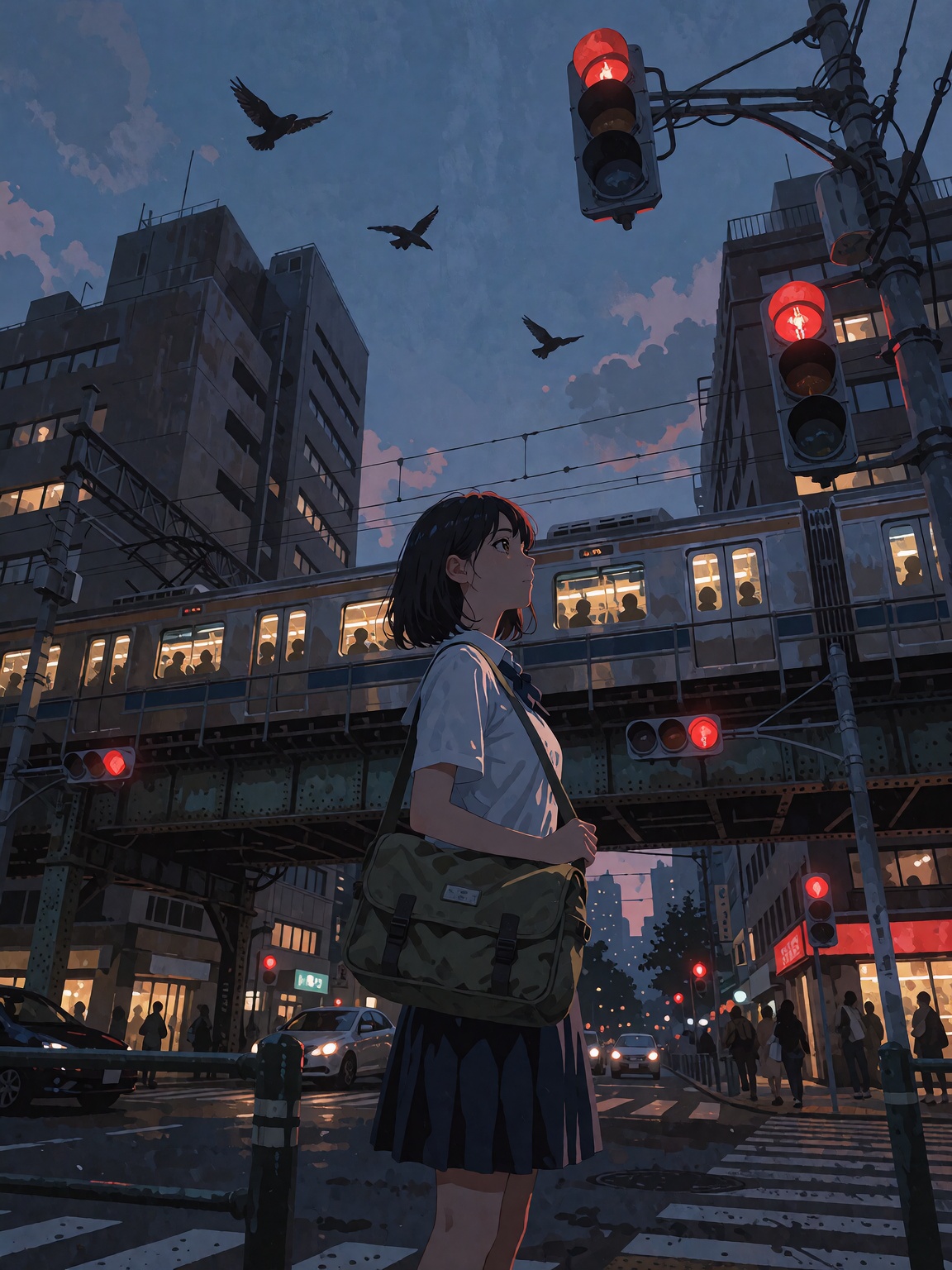 A young woman in a school uniform stands at a twilight city intersection,  gazing thoughtfully upward. Framed from a drama...