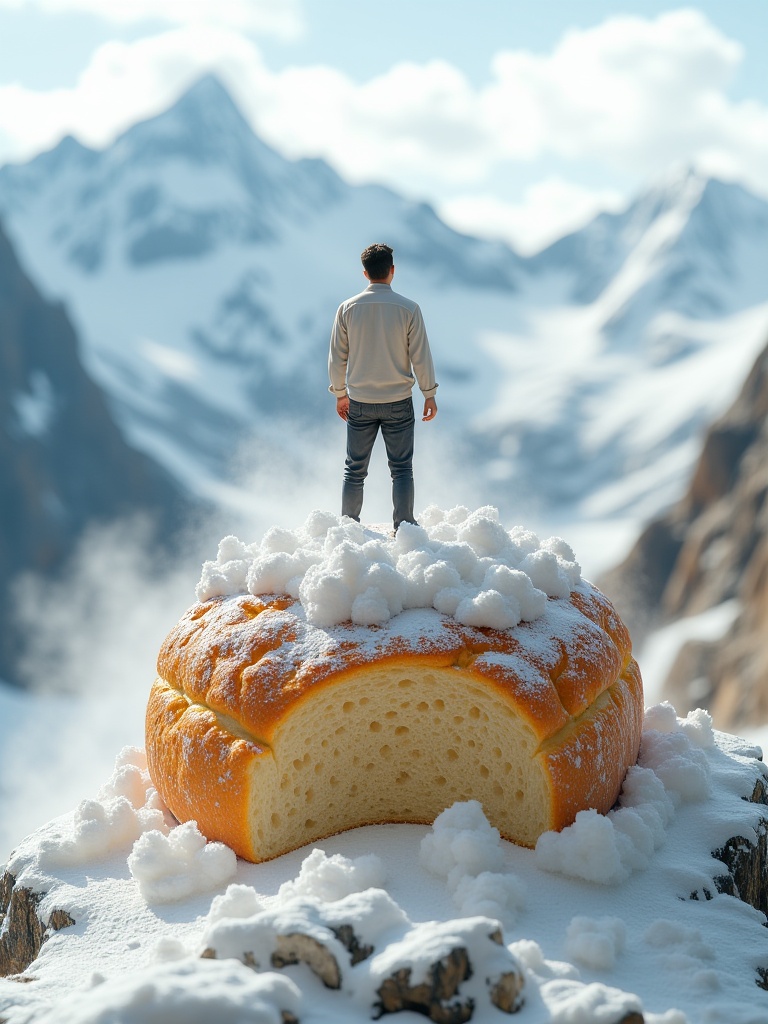 mimj,A man stood on a large golden brown bread covered with a thick layer of fluffy white snow. The man was wearing a light colored shirt and dark pants, with his back facing the audience. The background is a mountainous landscape covered by snow capped mountains. The soft and diffuse lighting creates a dreamy and ethereal atmosphere. The overall mood is calm and peaceful.<lora:miluo丨美食微距(JTMB) L1.3:1>