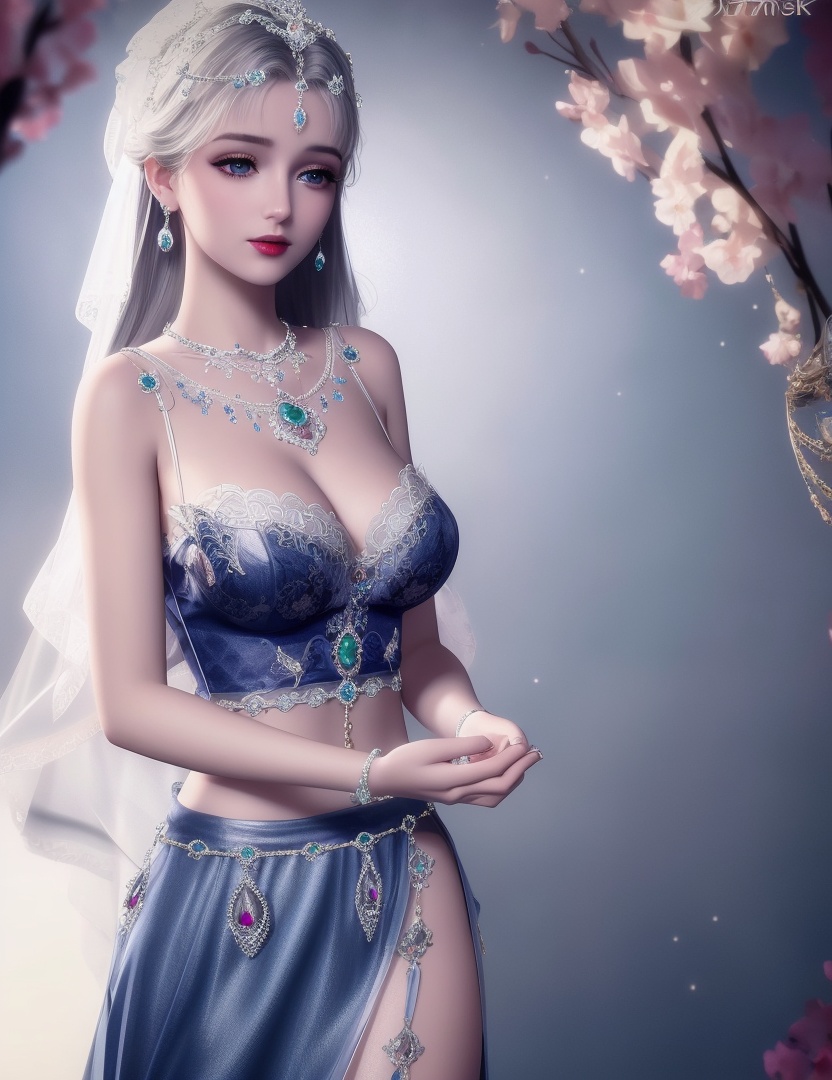 ultra realistic 8k cg, picture-perfect face, flawless, clean, masterpiece, professional artwork, famous artwork, cinematic lighting, cinematic bloom, perfect face, beautiful face, fantasy, dreamlike, unreal, science fiction, huge breasts, beautiful clothes, lace, lace trim, lace-trimmed legwear, (rich:1.4), prestige, luxury, jewelry, diamond, gold, pearl, gem, sapphire, ruby, emerald, intricate detail, delicate pattern, charming, alluring, seductive, erotic, enchanting, hair ornament, necklace, earrings, bracelet, armlet,halo ((,1girl:1.5,   solo, ))<lora:DA_NikkiChangEr2.0:0.6>