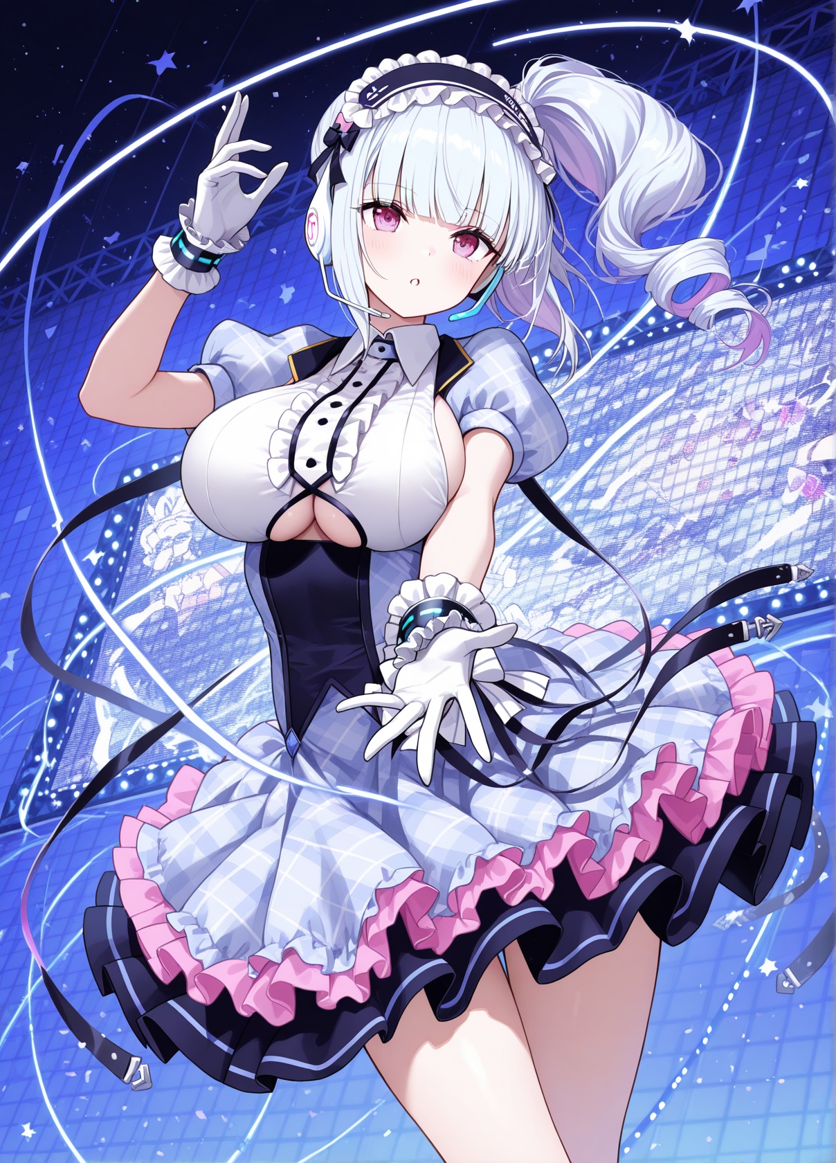 <lora:dido_IL_v1.0:1>,dido \(muse\) \(azur lane\),side ponytail,idol clothes,white gloves,dynamic pose,, masterpiece,best quality,