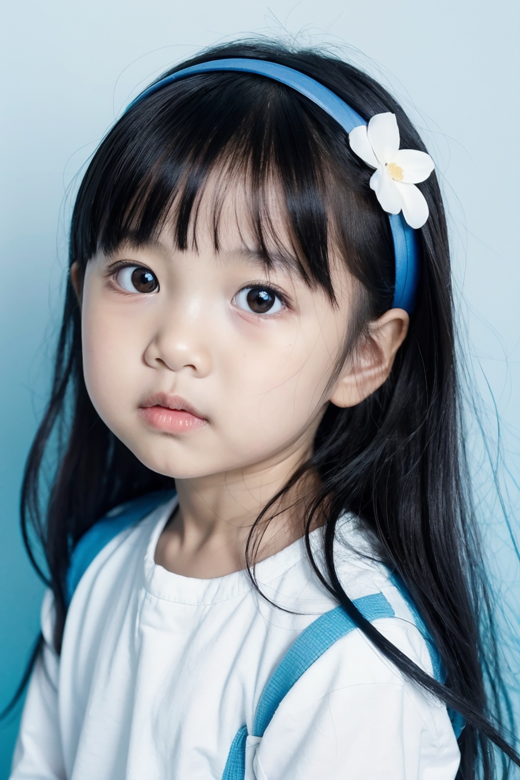 child photography,1girl,asians,Camera film style,child,young,white shirt,messy hair,blue background,makeup,(looking to the side:1.1),serious expression,portrait,, masterpiece,best quality,