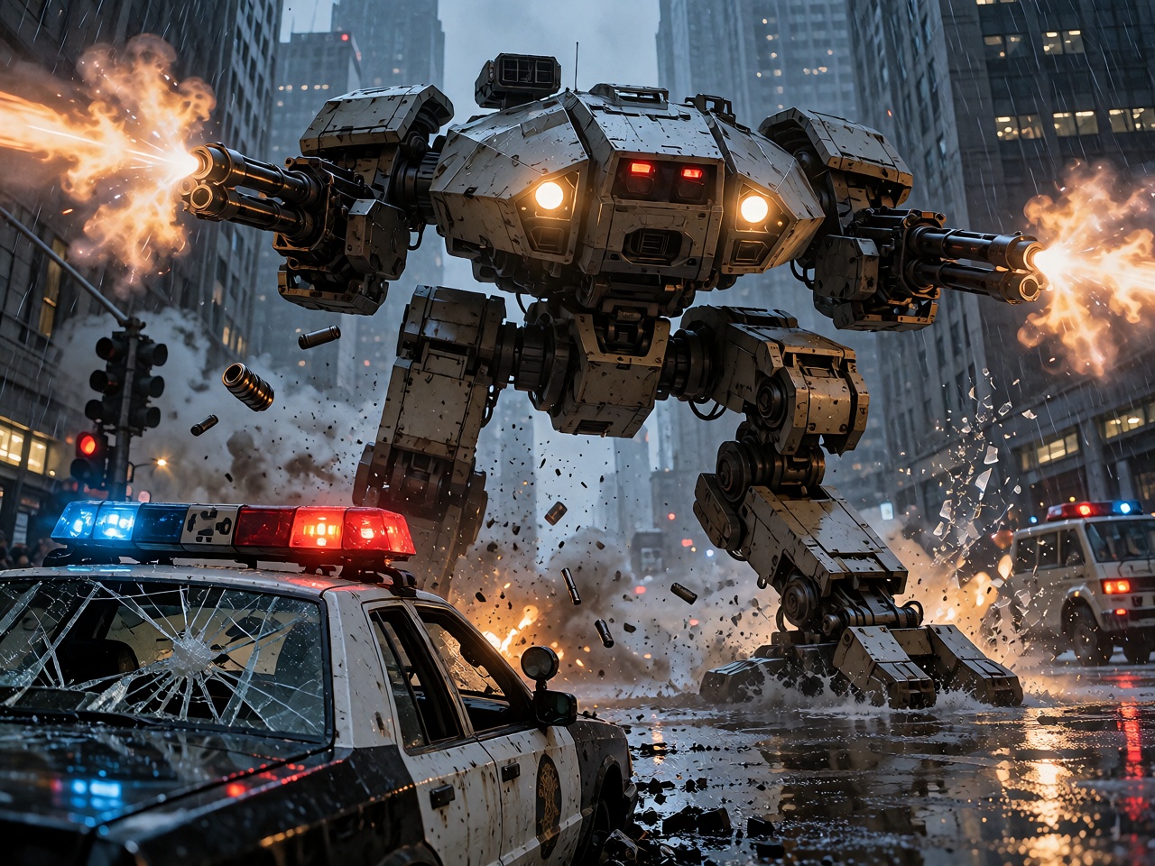 TA gigantic ED-209 combat robot advancing toward the camera through a rain-soaked intersection,  firing both heavy machine...