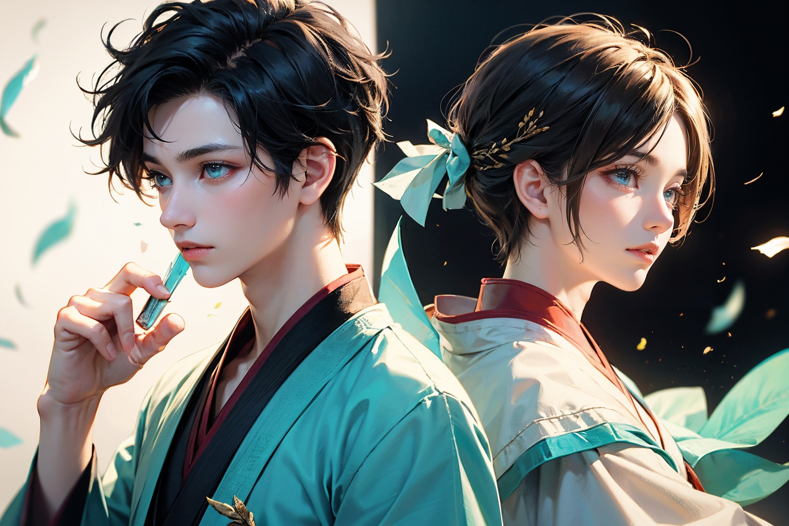 (tmasterpiece),(Best quality at best),Cinematic quality,Rendered by Octane,Ultra-detailed details,Wind magic,(1boy:1.5),Face of a young man,Facial detail portrayal,Perfect facial features,(The air is filled with cyan wind blades:1.5),watch audience,(Ancient Chinese Hanfu:1.2),(holding a longsword:1.2),picture puzzle,two people,back to back,