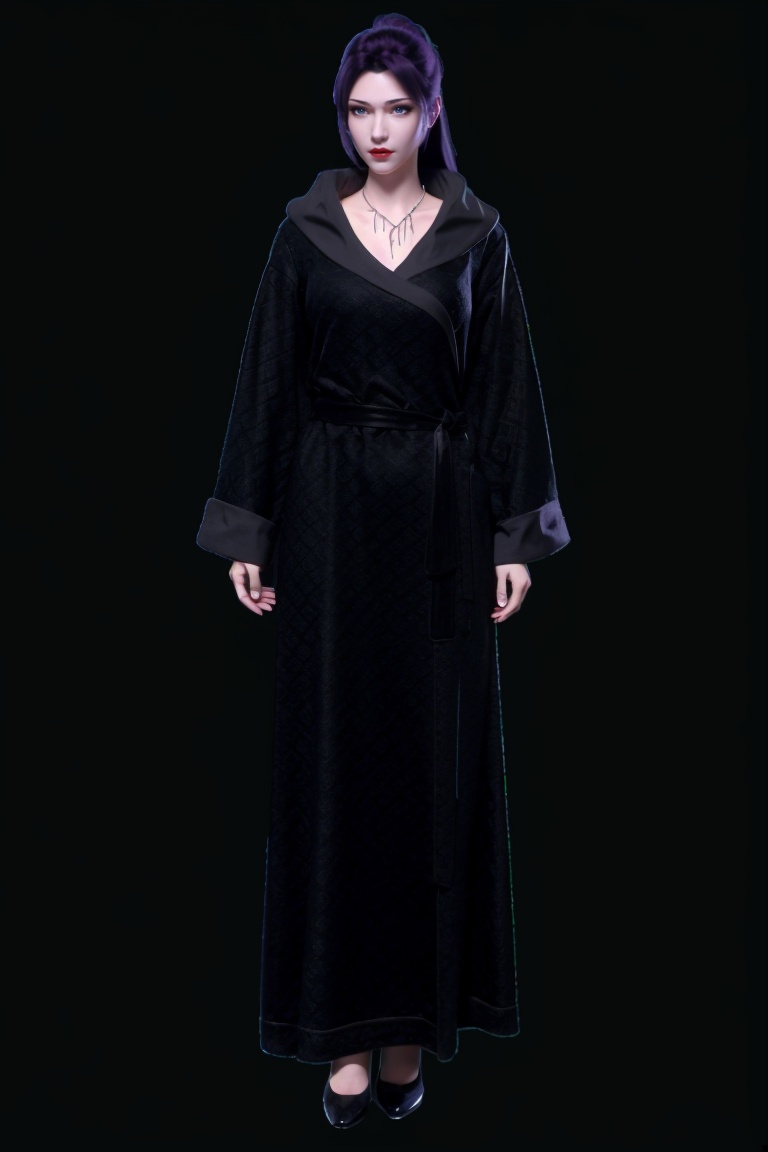 ((HRD, HUD, 8K)),((masterpiece, best quality)), highly detailed, 1girl, solo, long hair, purple hair, black hair, ponytail, blue eyes, lips, red lips, lipstick, nose, makeup,necklace, jewelry, robe, long sleeves, ponytail, high heels,simple background, grey background, flat color background, full body, standing, looking at viewer, <lora:斗破苍穹特别篇1云韵黑袍_v3.0 :0.71>
