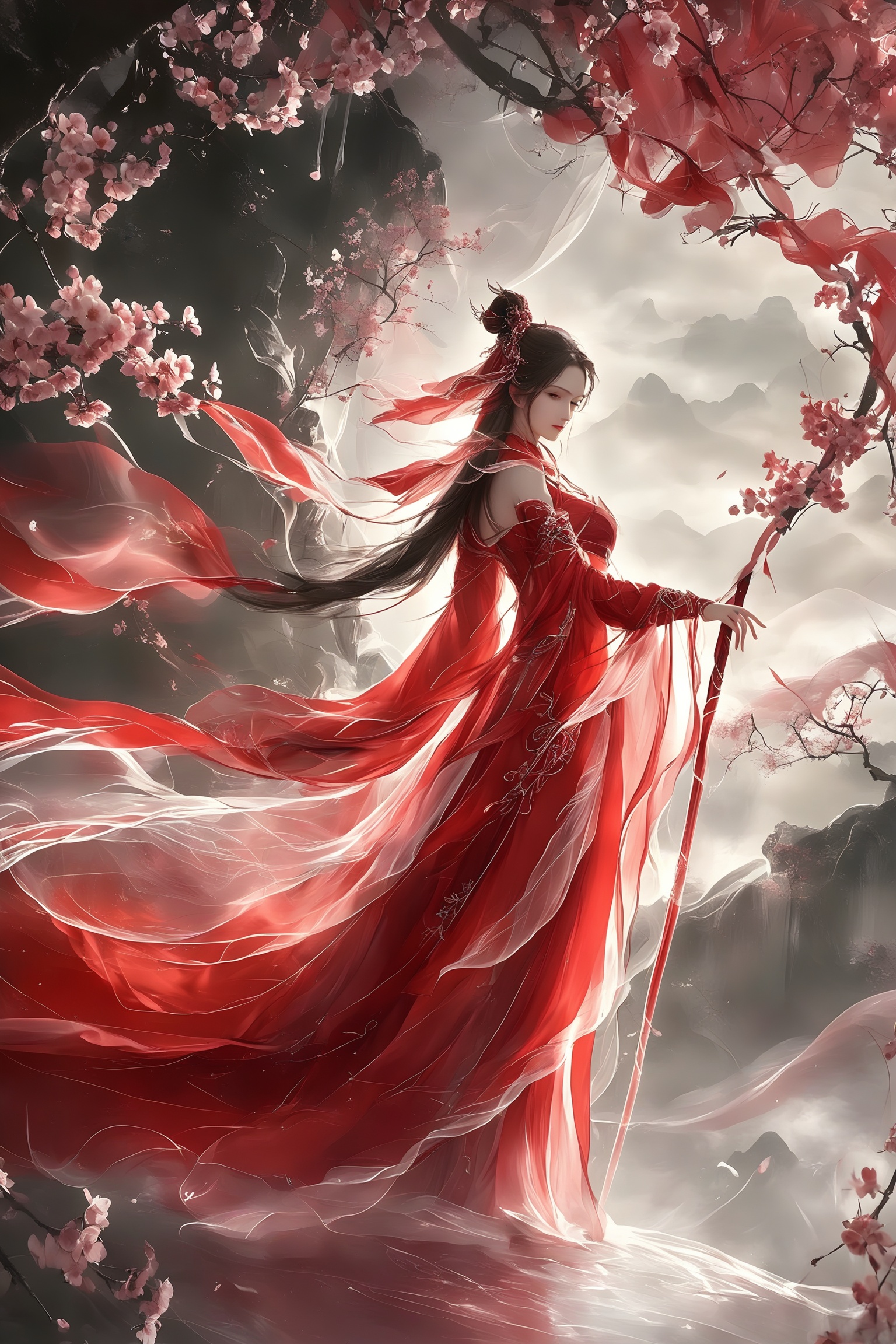 renzu,The image depicts a graceful figure adorned in flowing red garments, standing amidst a serene natural setting. The figure's attire is intricately designed with delicate patterns, and the fabric appears to be made of a lightweight, translucent material that flows gently in the breeze. The character holds a long, ornate staff, which adds to the mystical aura of the scene. Surrounding the figure are cherry blossom trees in full bloom, their petals creating a soft, ethereal atmosphere. The background features misty mountains, adding depth and a sense of tranquility to the overall composition. The lighting is soft and diffused, highlighting the vibrant red of the figure's clothing and the delicate petals of the cherry blossoms.
