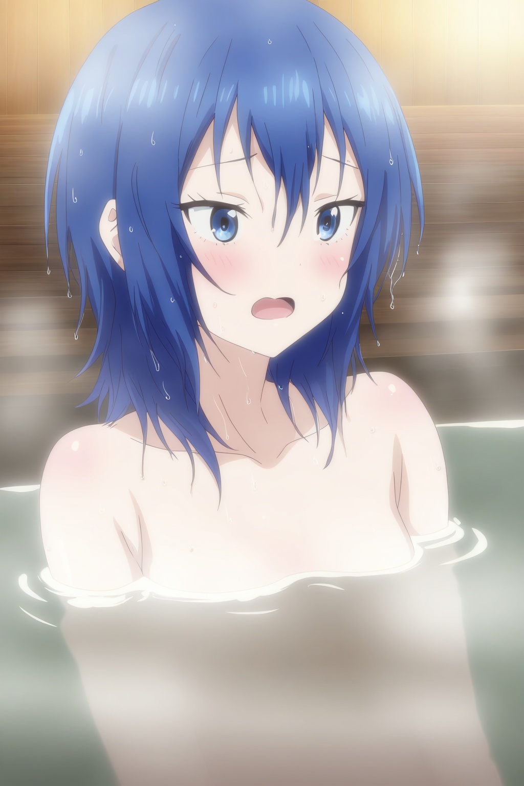 Chika Suzugamori, 1girl, solo, blue hair, blue eyes, blush, collarbone, wet, nude, steam, wet hair, open mouth<lora:journey-000004:0.8>,
