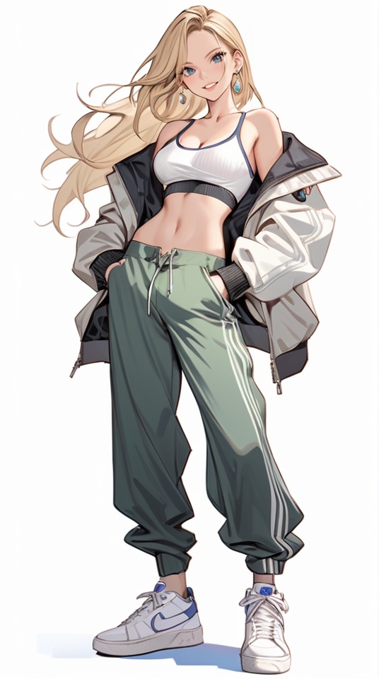 (best quality), ((masterpiece)), (highres), illustration, original, extremely detailed . <lora:日式动漫人设GIRL版XL:0.8>ooo, 1girl, solo, long hair, breasts, white background, full body, simple background, blonde hair, sneakers, pants, shoes, blue eyes, looking at viewer, navel, white footwear, jewelry, earrings, crop top, off shoulder, midriff, jacket, hands in pockets, bare shoulders, green pants, smile, standing, cleavage, parted lips, open clothes, **** top, medium breasts, collarbone, open jacket, floating hair, nike, white jacket