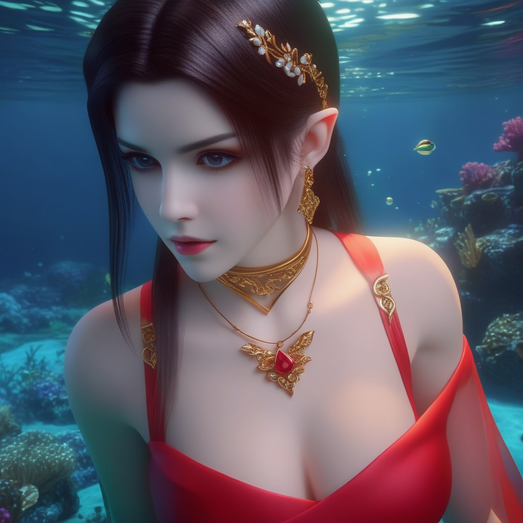 <lora:850-DA-XL-斗破苍穹-美杜莎-红色睡衣:0.8>, (,1girl, ,best quality, ),,masterpiece, ((((, solo,  , ,solo focus, ,underwater, )))) ,ultra realistic 8k cg,   clean, masterpiece,     cinematic lighting, cinematic bloom,  (( , )),, , unreal, science fiction, luxury, jewelry, diamond, gold, pearl, gem, sapphire, ruby, emerald, intricate detail, delicate pattern, charming, alluring, seductive, erotic，(sit), , enchanting, hair ornament, necklace, earrings, bracelet, armlet,,(cleavage),,