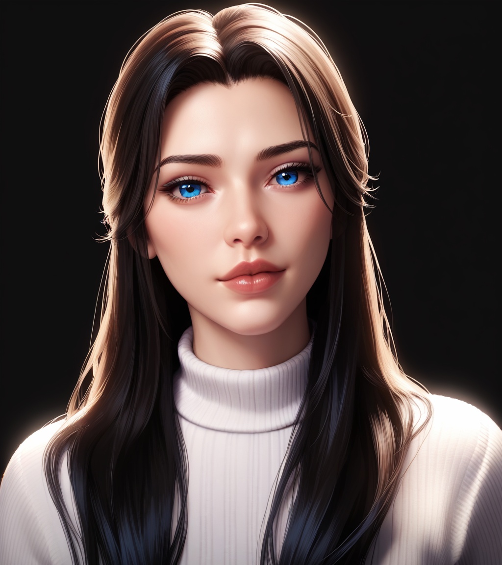 score_9,score_8_up,score_7_up,source_realistic,rating_safe,<lora:monv-000008:0.85>,monv,upper body,(looking at viewer),1girl,solo,black_hair,blue eyes,white_sweater,black background,