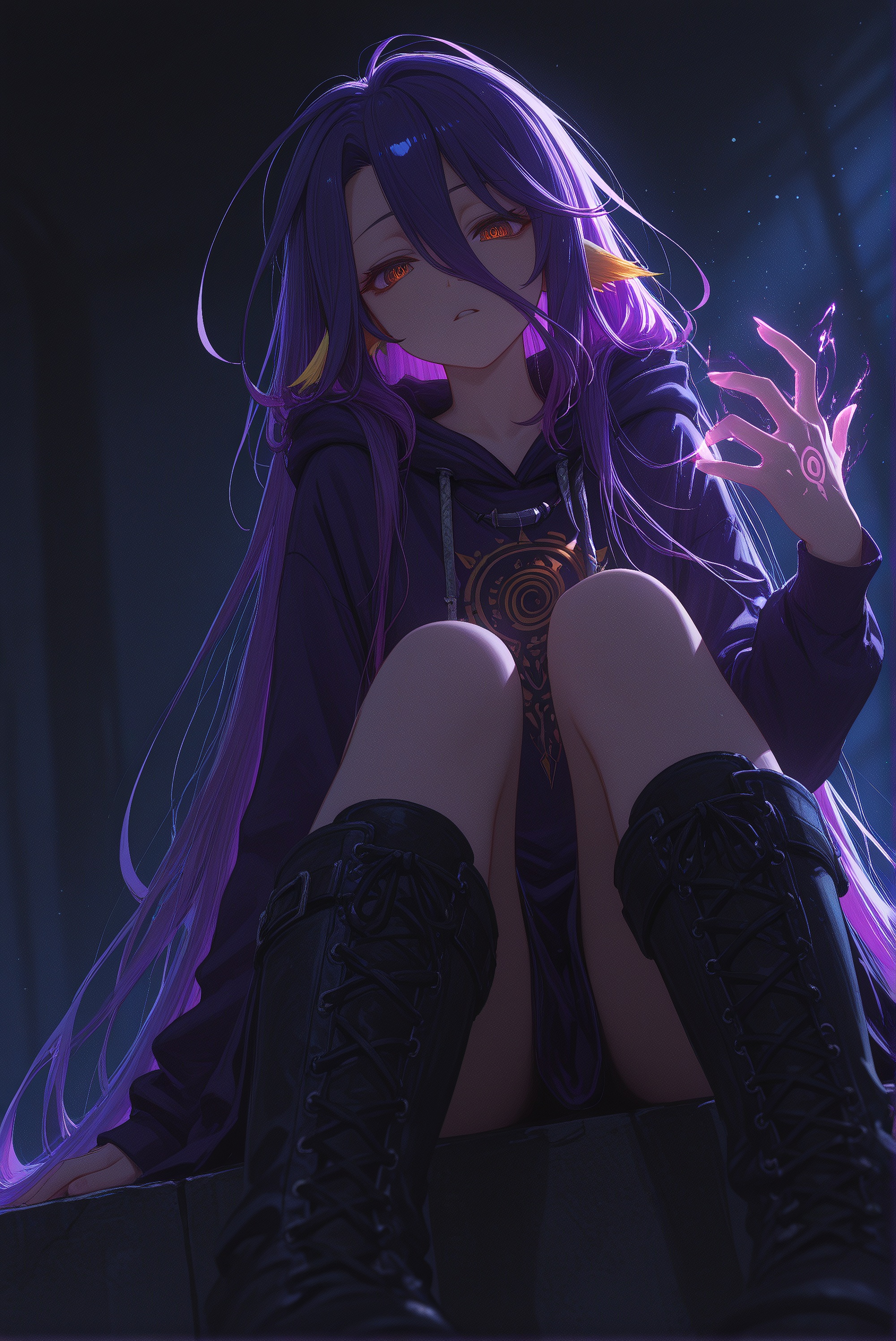 shuvi \(no game no life\),1girl,solo,purple_hair,yelloweyes,ong_hair,very_long_hair,hood,hair_between_eyes,sitting,Over-the-kneeboots,, masterpiece, absurdres, newest, RTNS, best quality, highres, high resolution, perfect lighting, extremely detailed cc, fine details, extremely detailed, soft lights and shadows, soft and striking lighting, skin pores, (detailed skin texture, (solo, detailed face, (perspective, hazy, low key, depth of field, Highly detailed, ultra high resolution, 32KUHD, sharp focus, emotional, masterful details, gentle atmosphere, high-end texture, dynamic angles, dynamic gestures, extreme beauty, (best quality, premium, latest, very beautiful, absurd, full of tension, impactful pictures, official art, bright colors, moving perspective,, chiaroscuro,Natural Light,Mood Lighting,cinematic lighting,volumetric lighting,ray tracing,dramatic shadows,dappled light,