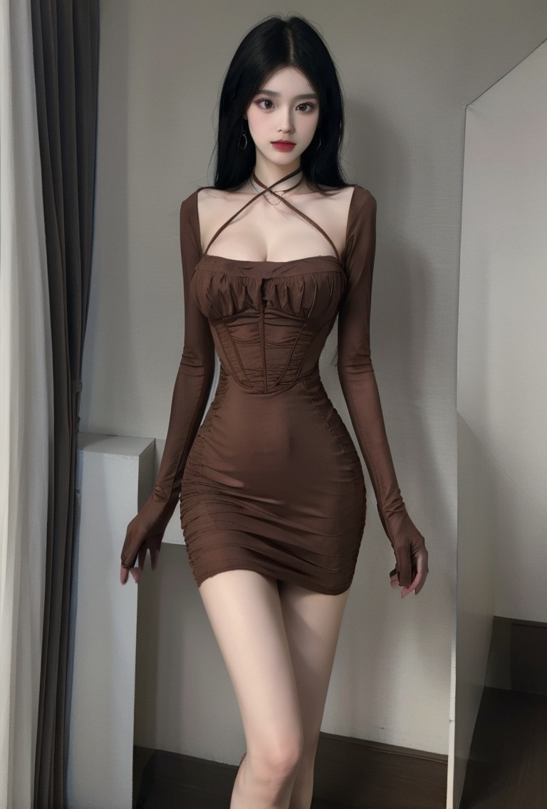(masterpiece, best quality:1.4),finely detailed,1girl,solo,pale skin,perfect body,standing,(medium breasts:1.2),(cowboy_shot:1.2),<lora:killer性感棕色挂脖显胸连衣裙5v1.0-000008:0.8>,dress,browndress,