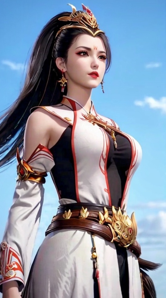 1girl,bare shoulders,black hair,blue sky,breasts,brown eyes,cloud,cloudy sky,day,detached sleeves,earrings,hair ornament,jewelry,large breasts,lips,long hair,looking at viewer,makeup,nose,outdoors,realistic,sky,solo,upper body,<lora:6bd05e87fe538c5a2938f836fbdc85dd786e8fabdb9b8b519f510ddc6a60d743:0.6>