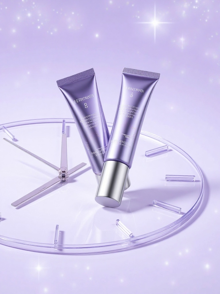 The screen displays two silver purple tube shaped eye cream products, elegantly placed on a transparent circular bracket with precision clock markings, with fine concentric circles engraved on the surface of the bracket. The background adopts a gradient dreamy violet tone, embellished with faint starlight effects, and the decorative text of "PERLKHWIN" and the number "8" is marked in the lower right corner. The creative combination of clock elements and starry sky background in the entire picture not only highlights the core efficacy of eye cream in combating time marks, but also creates a visual effect of perfect integration of technology eye protection and artistic beauty through the contrast between precision scales and soft lighting effects.