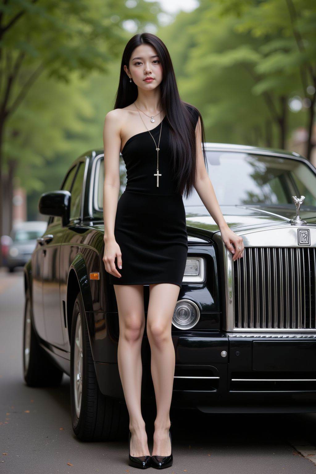 Photograph of a young girl with long, straight black hair standing beside a black Rolls-Royce Phantom. She wears a black, one-shoulder, short dress with a cross pendant necklace and black high heels. Her skin is fair, and she has a slender build. The background shows a blurred, green tree-lined street. The Rolls-Royce has a polished, luxurious appearance with chrome detailing. The image exudes a sense of elegance and sophistication.