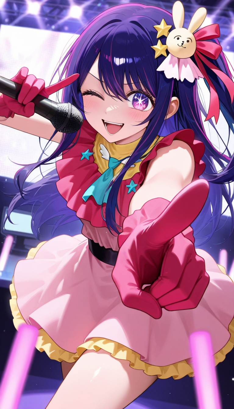 1girl, solo, hoshino ai, oshi no ko,purple hair, purple eyes, long hair, symbol-shaped pupils, star-shaped pupils, star \(symbol\), best quality, good quality, microphone, one eye closed, gloves, holding microphone, hair ornament, smile, pink dress, open mouth, idol, pointing, pointing at viewer,monitor, stage, penlight \(glowstick\)