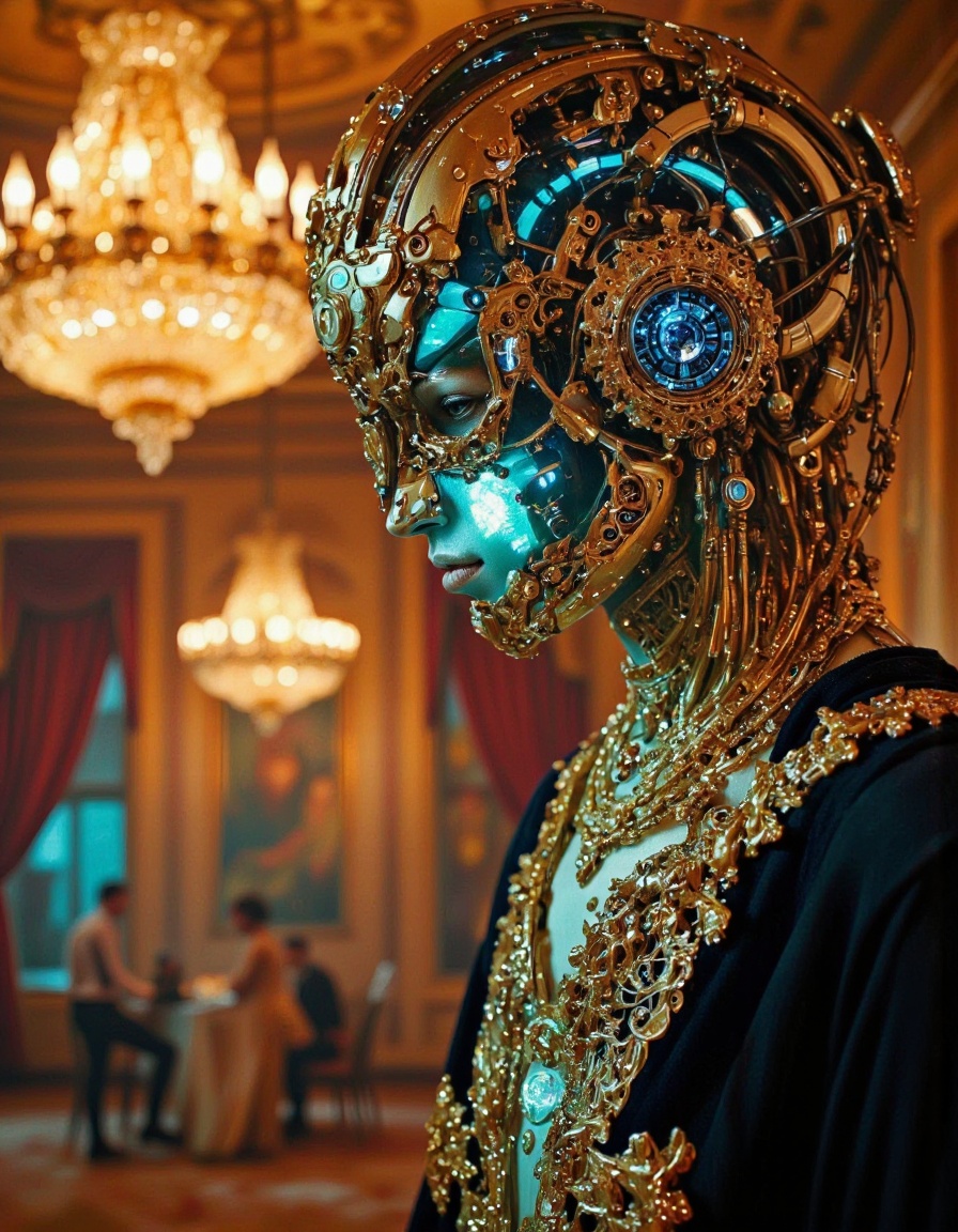 SentinelBot. A cinematic film still,  high detailed close up photo of a mechanical creature with glowing,  intricate cyber...