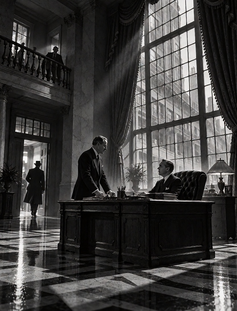 A wealthy newspaper magnate sitting behind a massive wooden desk in a monumental office,  his business partner standing ne...
