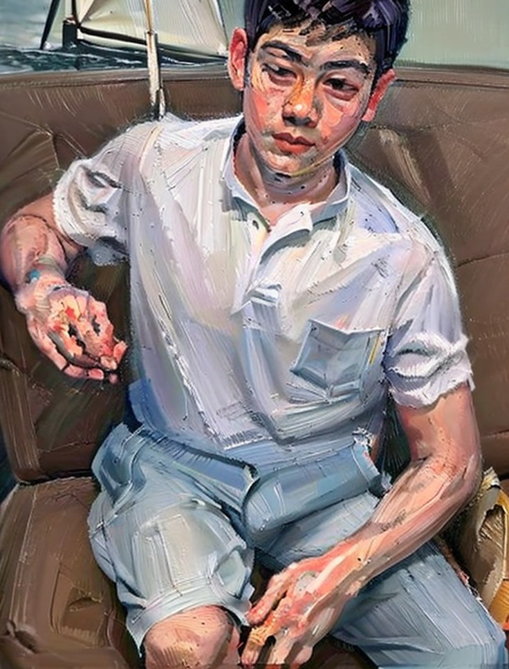 1boy,freud,oil painting,brushwork,solo,full body,on a sailboat,<lora:fuluoyideV3:0.9>,in one's clothes,masterpiece,best quality,HD,8K,