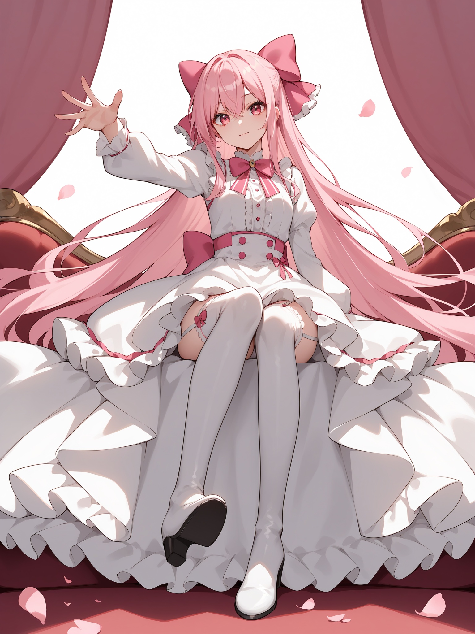(score_9, score_8_up:1.1),score_7_up,1girl,(18-year-old),long hair,sit,barefeet,reaching towards viewer,1girl,solo,dress,bow,long hair,white dress,hair bow,pink bow,white hair,bangs,pink eyes,long sleeves,frills,red eyes,hair between eyes,frilled dress,dress bow,pink hair,very long hair,,full body,white thigh boots,white high heel boots,garter straps,