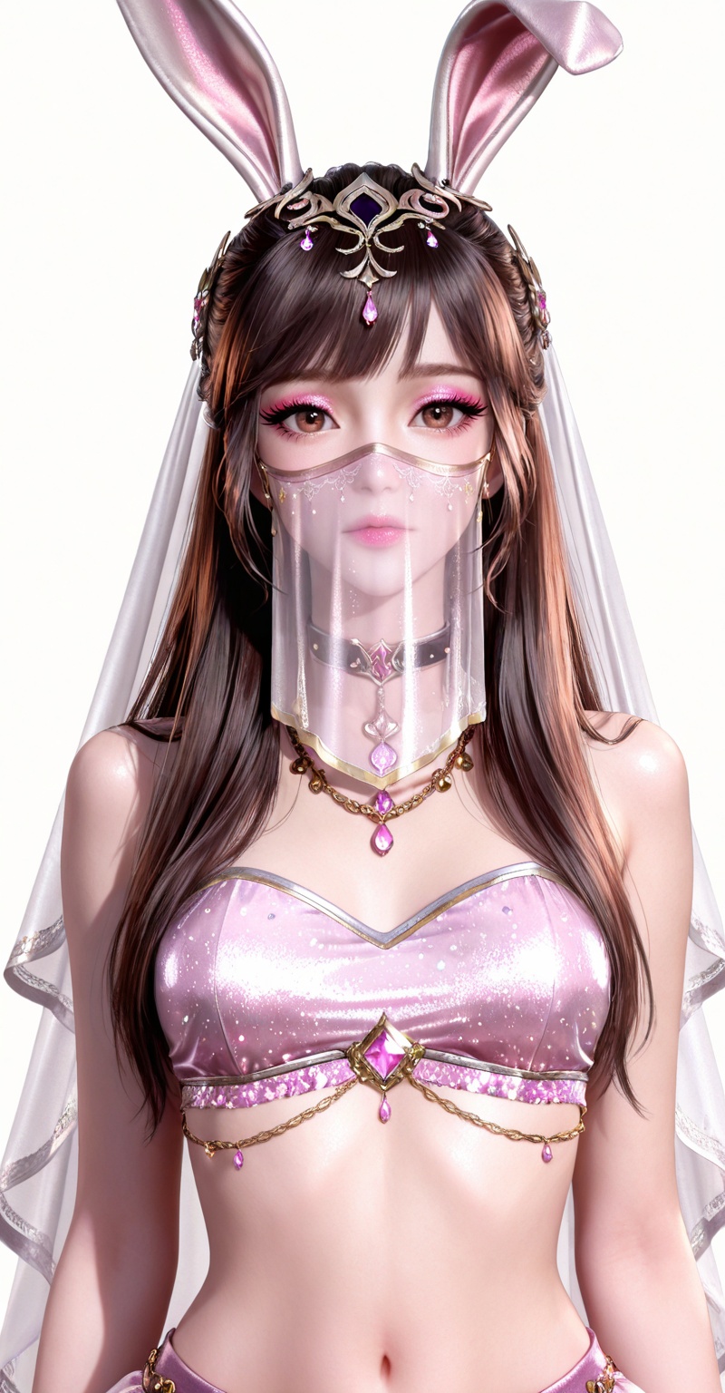masterpiece,high quality,tall,game cg,highres,(soft light:1.2),white_skin,(shiny_skin:0.6),(realistic:1.1),<lora:小舞·衣服百搭款款·化妆:0.6>,xiaowu,1girl,animal ears,solo,rabbit ears,brown hair,hair ornament,long hair,eyelashes,glitter,mascara,pink eyeshadow,pink lipstick,eyeshadow,1girl,solo,veil,long hair,chain,mouth veil,jewelry,looking at viewer,necklace,arabian clothes,crop_top,skirt,25,simple background,white_background,(collar top:1.2),